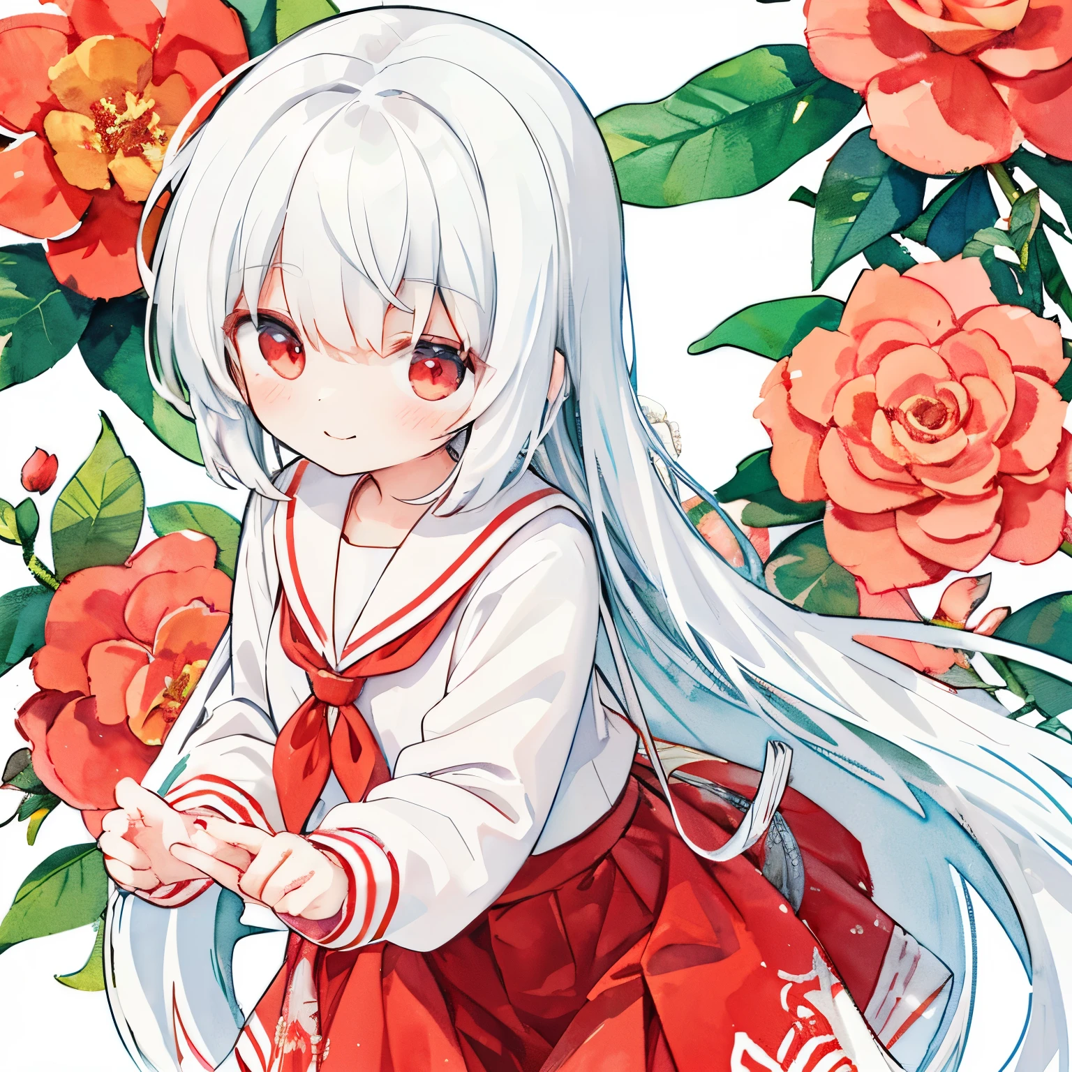 White and red motifs, white hair, long hair, beautiful hair, camellia image, camellia flower, light red eyes, sailor suit, white and red sailor suit, red skirt, cool cute and cool composition, hand stroking camellia hair ornament. depth of field; background camellia flower; beautiful, Soft illustration, watercolor style, fluffy and smiling