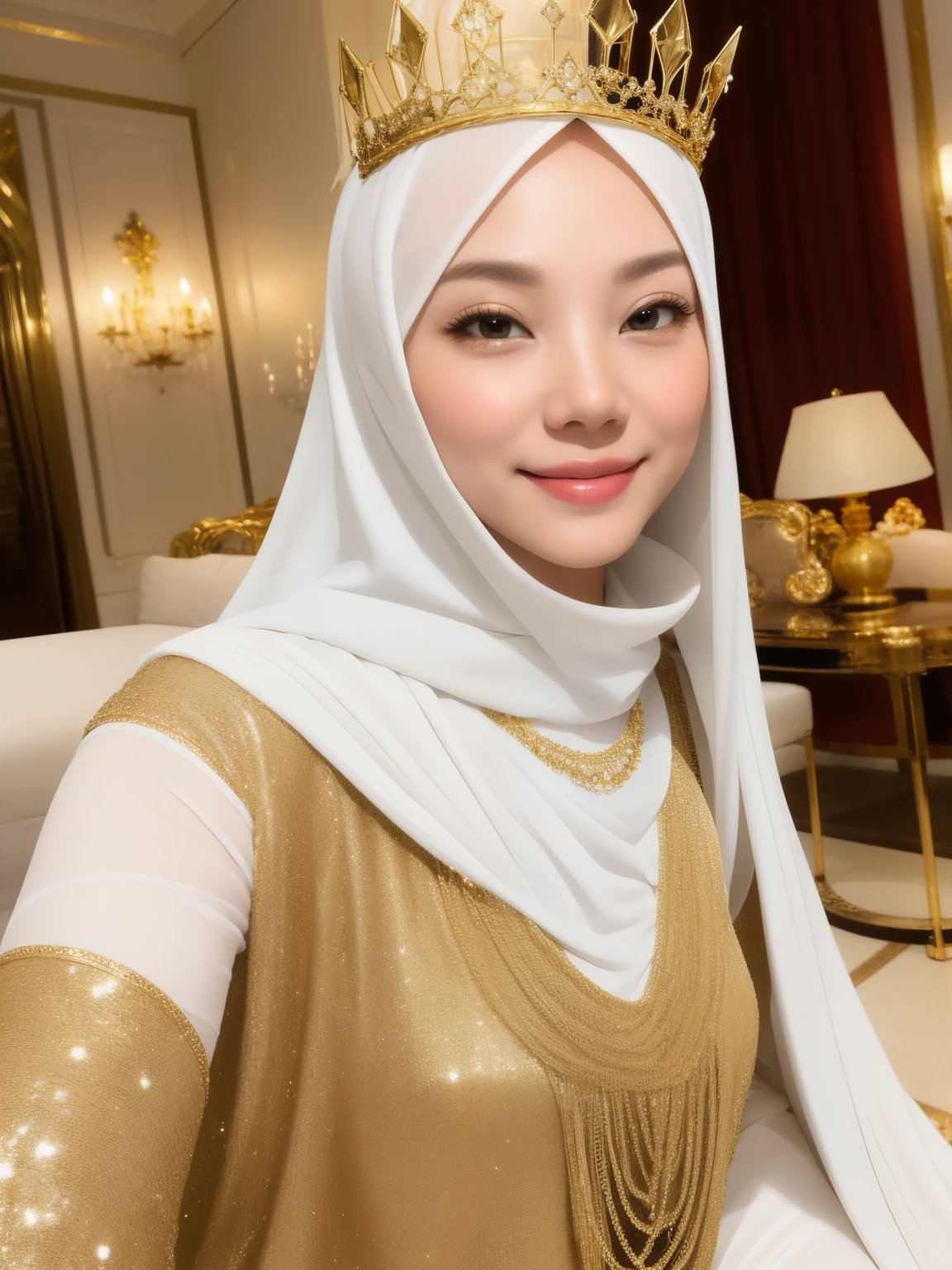 A Goddes sexy pose, diamond crown, white hair, realistic face, angelic body, gold veils, happy eyes, shy smiling, high density, 10 sharpen, side view, more exposed body, wearing nothing
Location: luxury heaven land