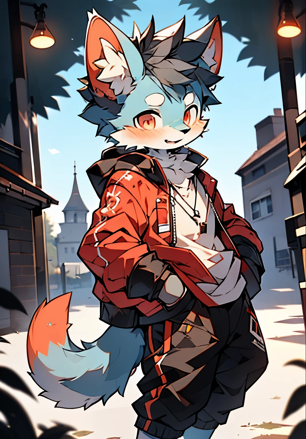 Cat,Black hair and red eyes,black jacket color,Lovely,theelementoffire,Lively,casual sweatshirt,Lively可爱,更短的Pants尼吉, (1 boy:1.4), (Jayway 3), Cat男孩, (hairy:1.5),(cub), 超Lovely脸,light blue fur, body hair, (Thick thighs:0.5), (whole body:1.1), perfect lighting, (masterpiece), (ultra deTailed), eyes, blush,White clothes,looking at the audience, alone,Pants, Tail,Small fangs