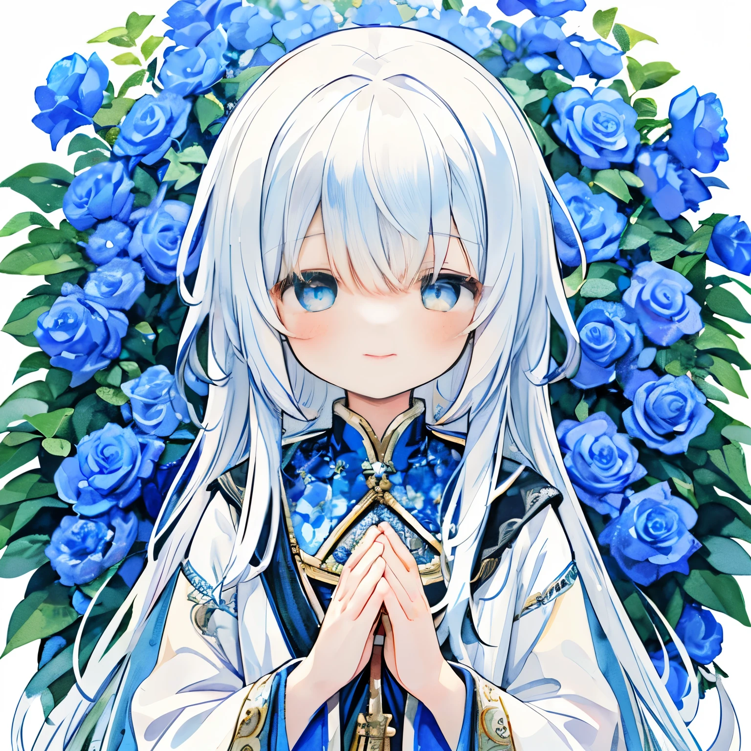 Transparent watercolors, girls, Jewel eyes, beautiful arrangements and motifs, depth of field, indigo motifs, long hair, sidetail hair, prayer pose, hand in hand; close eyes; smile; left-facing; wind; indigo petals fluttered; beautiful girl; pretty blue flowers