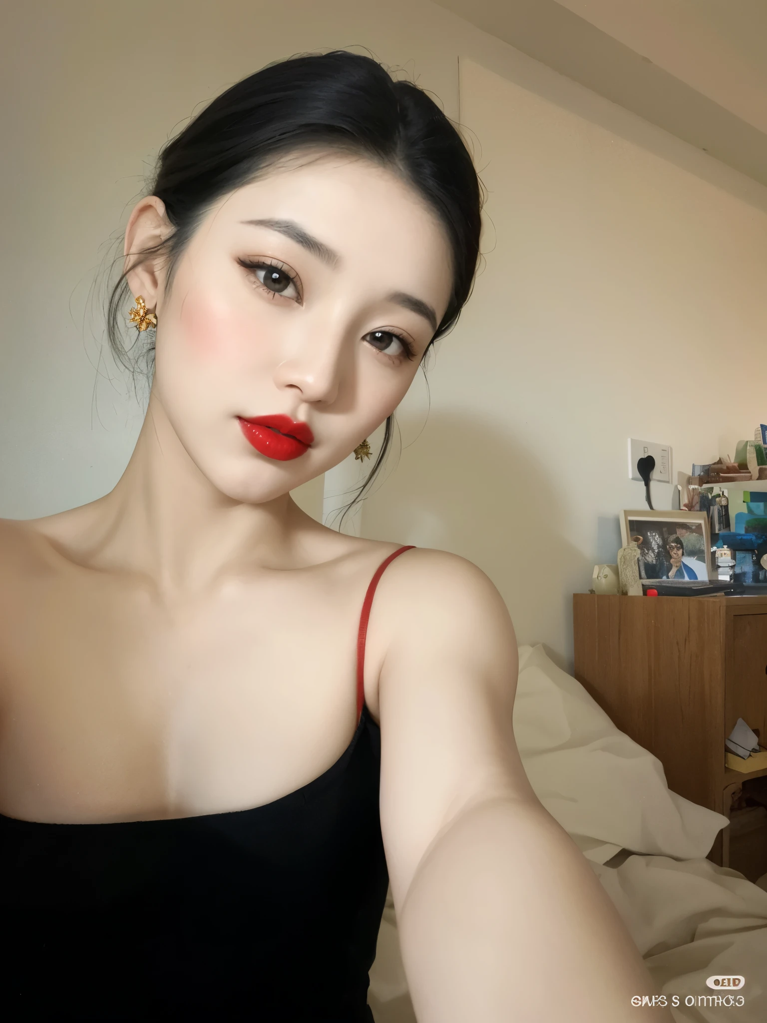 there is a woman with a red lipstick posing for a picture, hermosa mujer surcoreana, hermosa joven coreana, maquillaje popular de corea del sur, preciosa modelo china, small and thick red lips, maquillaje coreano popular, hermosa joven coreana, labios claros y de alta calidad, labios rojos tenues, red lipstick on face, Ojos dorados amplios y labios rojos, labios rojo claro