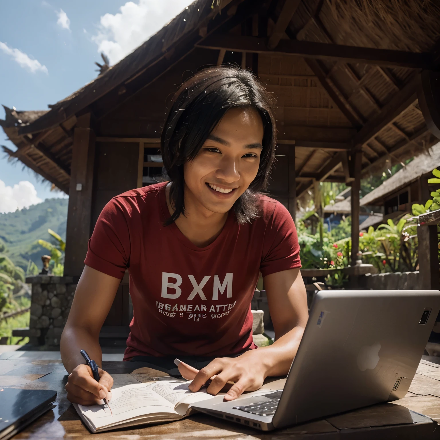 photography, 8k resolution, realistic, very detailed, close up of an Indonesian man with neat black hair wearing a red T-shirt with the words "Free Fire" underneath there is a small writing "Battle Grounds", black shorts typing with a laptop facing in the future, smiling inside a typical Balinese hut, natural views of rice fields, mountains in Bali, and futuristic architectural designs, 3D