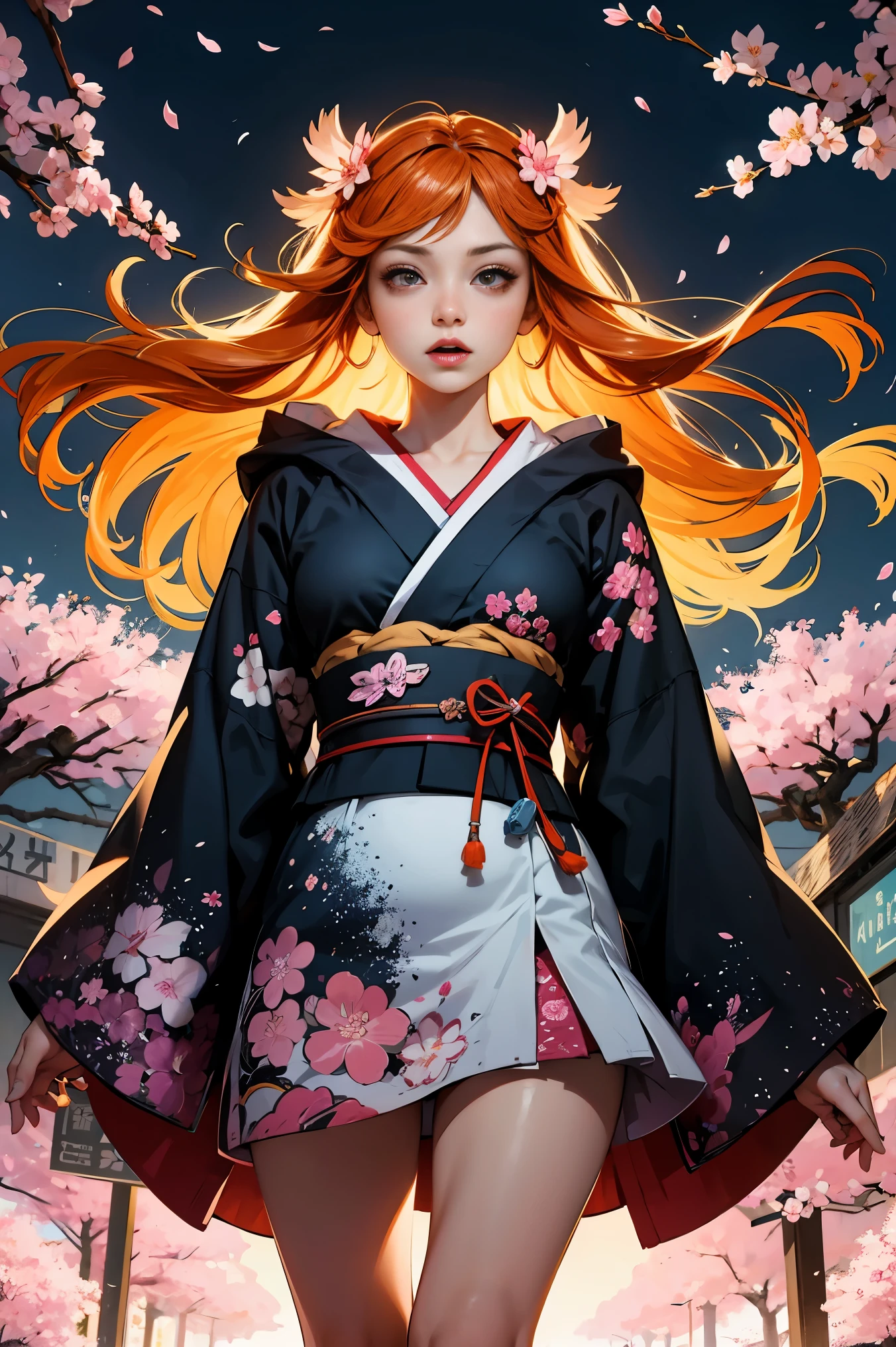 1girl,(orange_hair:1.1),(zentangle, mandala, tangle, entangle:0.6),(fractal art),the most beautiful form of chaos,brutalist designed, the most beautiful and highly detailed Harajuku-inspired hooded kimono, cherry blossoms blowing in the wind 