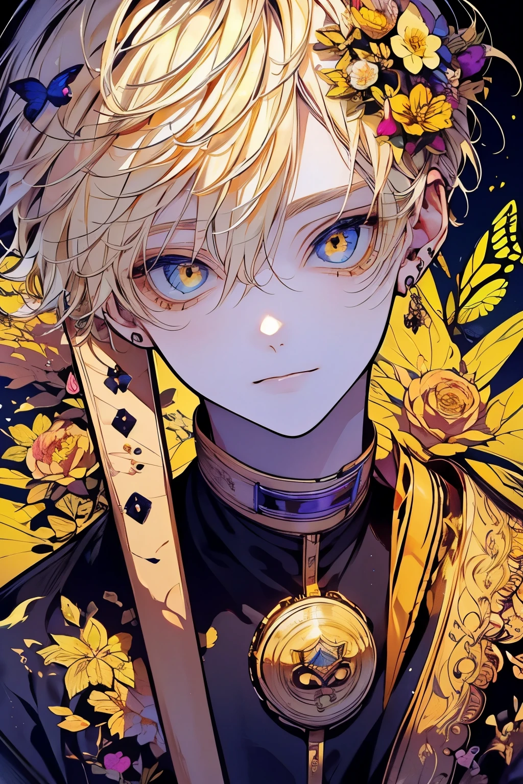 (muste piece), (best quality), very detailed, 1 boy, solo focus，perfect face, beautiful face, very detailed顔，(blonde:1.3)，(golden eyes:1.3)，flower，butterfly々，flowerびら，Light，laughter，long eyelashes