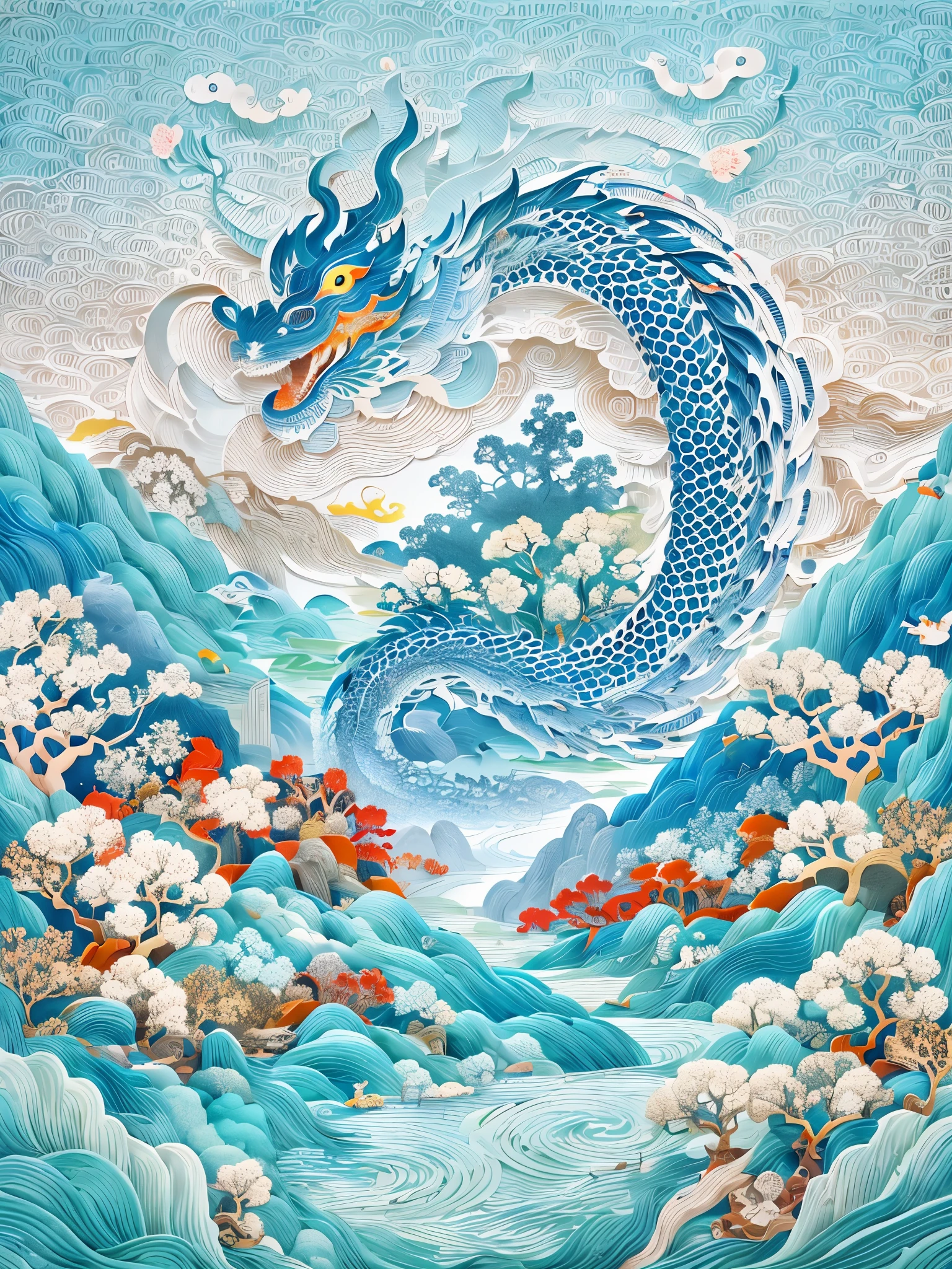 Traditional Chinese landscape painting, paper creation,Chinese dragon,color gradient from white to light blue, 4K,white background,paper_cut