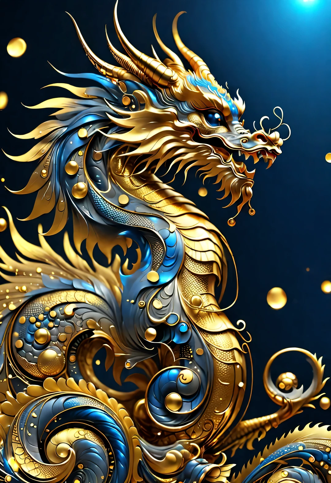blueprint art style, portrait, Beautiful detailed，Gorgeous wallpaper design，（It&#39;s raining like crazy，There are lots and lots of golden letters：1.37），Threaded gold coins pour down like heavy rain，（Many vertical transparent English letters &Quote;AI&Quote; Width），Golden transparent English letters &Quote;AI&Quote; ，Display English letters &Quote;AI&Quote; under parallel ，There is a golden Chinese dragon in the center, Smiled happily，curl up into a small circle.，Background blue technology laser，Dynamic action style，