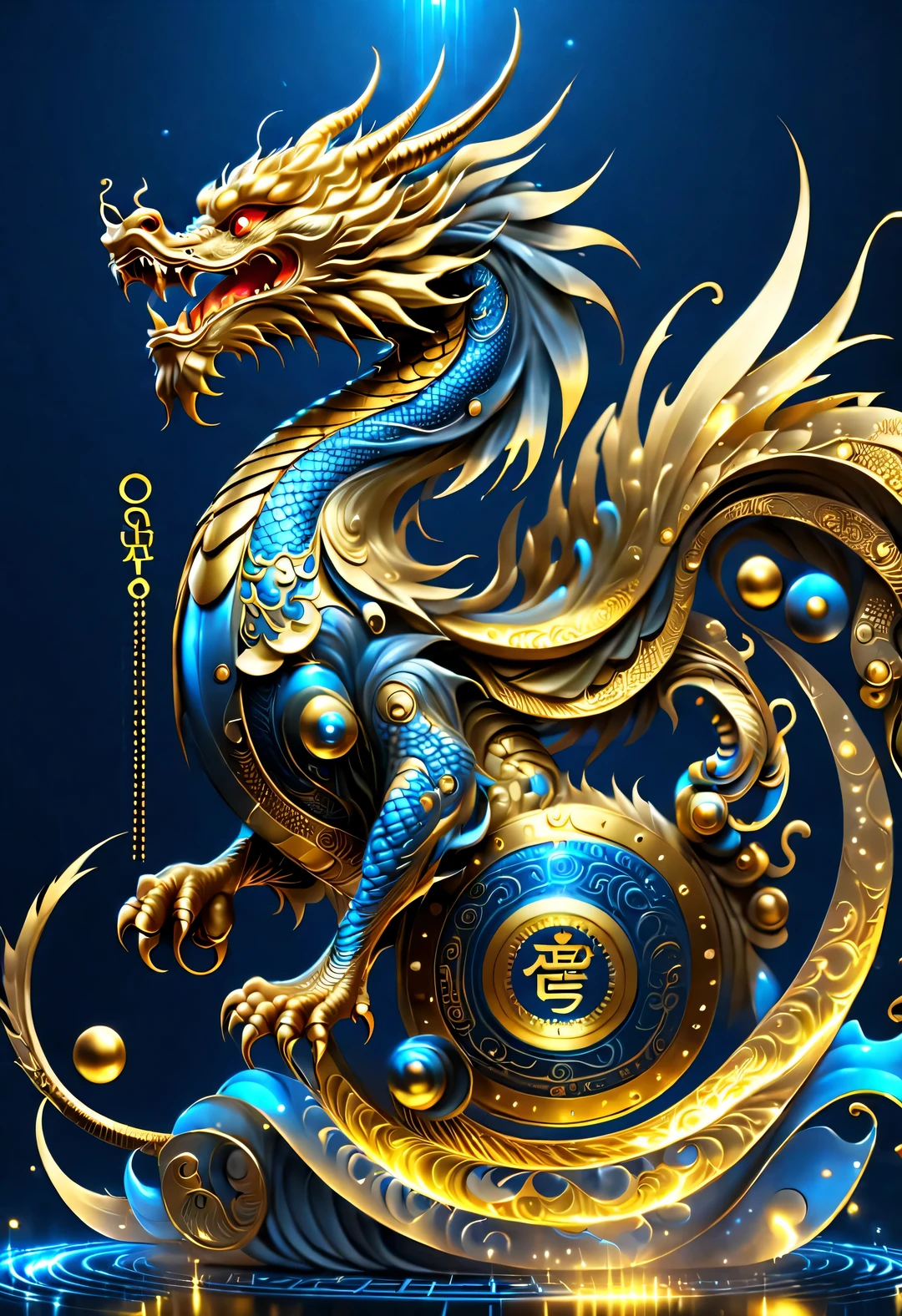 blueprint art style, portrait, Beautiful detailed,Gorgeous wallpaper design,(It's raining like crazy,There are lots and lots of golden letters:1.37),Threaded gold coins pour down like heavy rain,(Many vertical transparent English letters &Quote;AI&Quote; Width),Golden transparent English letters &Quote;AI&Quote; ,Display English letters &Quote;AI&Quote; under parallel ,There is a golden Chinese dragon in the center, Smiled happily,curl up into a small circle.,Background blue technology laser,Dynamic action style,