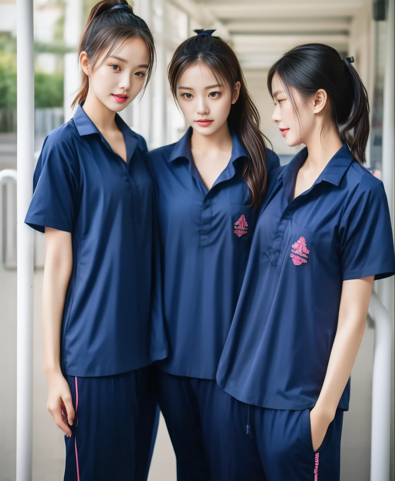 3 girls in fitness center, Navy blue short-sleeved shirt,Navy Long Trackpant,Sweatpants, Sweatpantsขายาว,25 year old girl, lesbian, sexy, exercise clothes, wet body, exercise clothes