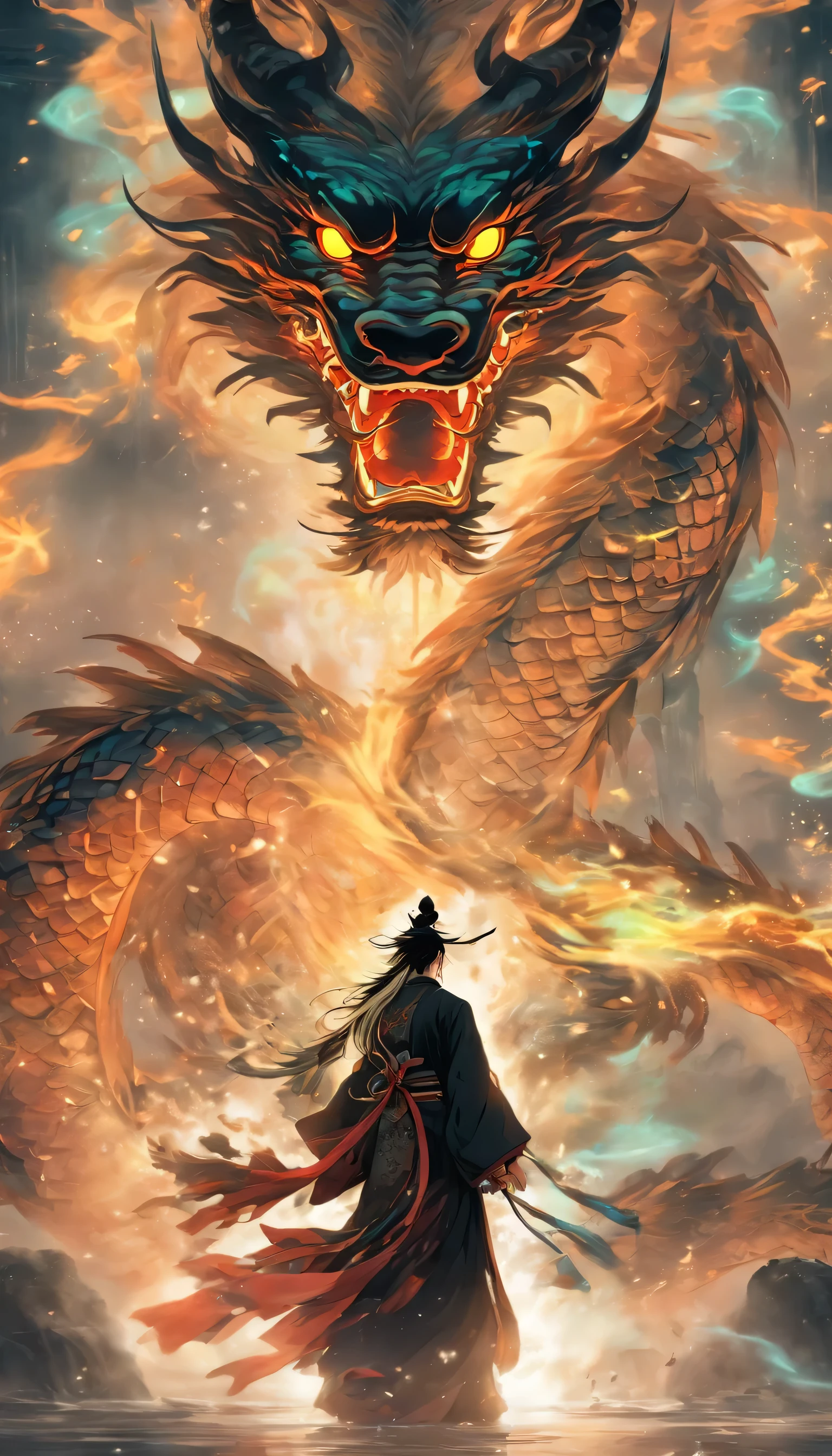 Chinese style,medium shot ,Taoist priest stands in front of a transparent dragon,Reach out her hand,Hold the sword in your right hand, he faced the dragon,messy long hair,glow effect,Surrealism,Super real photos,Chinese black and white ink style,pay,discoloration,dirty,Inky,8k,super detailed,high quality,Overclocked renderer