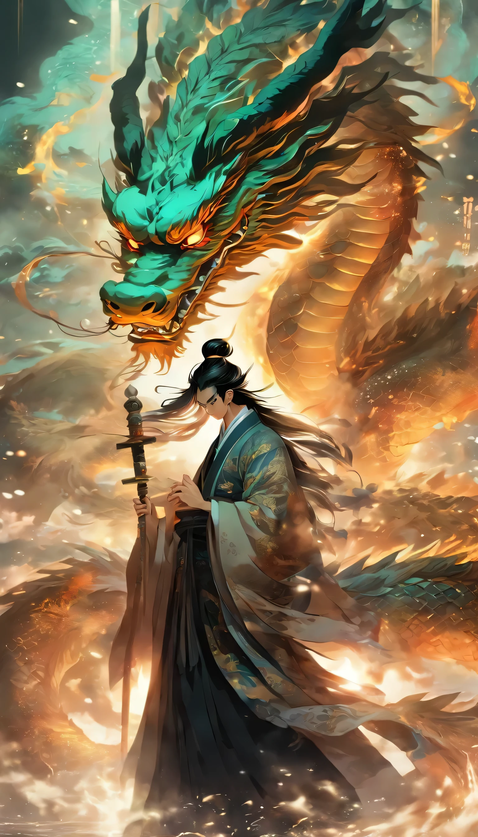 Chinese style,medium shot ,Taoist priest stands in front of a transparent dragon,Reach out her hand,Hold the sword in your right hand, he faced the dragon,messy long hair,glow effect,Surrealism,Super real photos,Chinese black and white ink style,pay,discoloration,dirty,Inky,8k,super detailed,high quality,Overclocked renderer