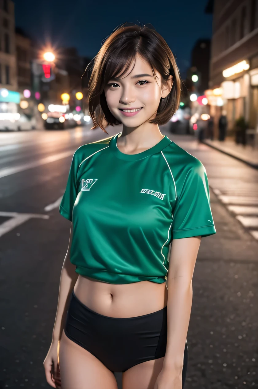 The beauty of 8K raw photos:2.0, short hair,15 years old, great face and dark eyes, stare at the camera, upward glance, A big smile, show teeth,(Green Sportswear:1.2), realistic:1.9, very detailed CG 統合 8k 壁紙, very detailed, High resolution RAW color photos, cowboy shot, professional photos, Shot in the city at night, girl sexy portrait