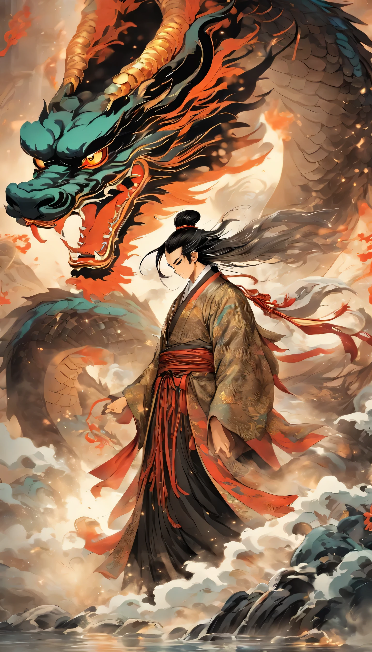 Chinese style,medium shot ,Taoist priest stands in front of a transparent dragon,Reach out her hand,Hold the sword in your right hand, he faced the dragon,messy long hair,glow effect,Surrealism,Super real photos,Chinese black and white ink style,pay,discoloration,dirty,Inky,8k,super detailed,high quality,Overclocked renderer