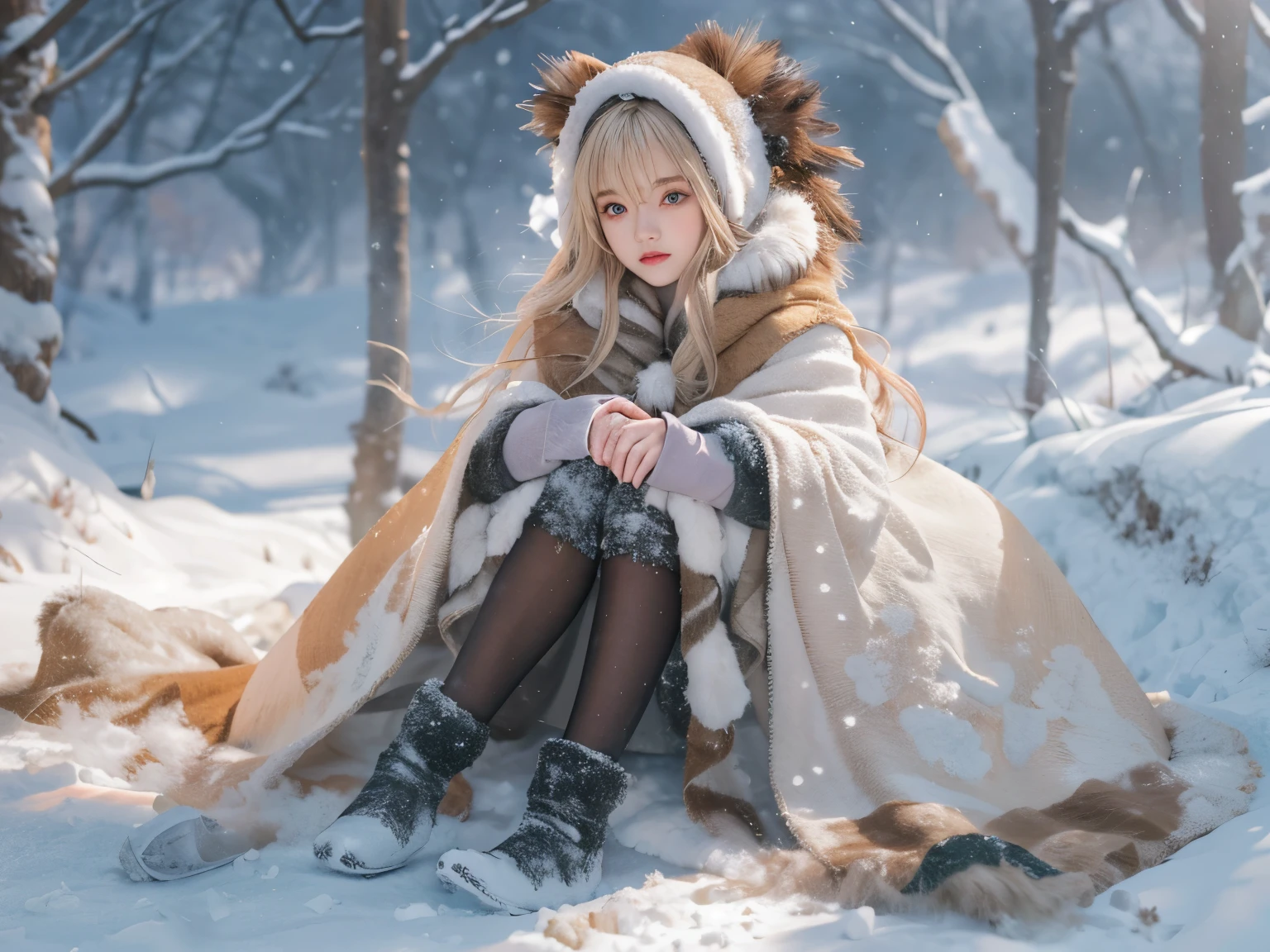((Works of masters))，(超高分辨率)，1 girl, Sitting, Lolita costume，Cloak (Snow, Outdoor activities in winter:1.2),