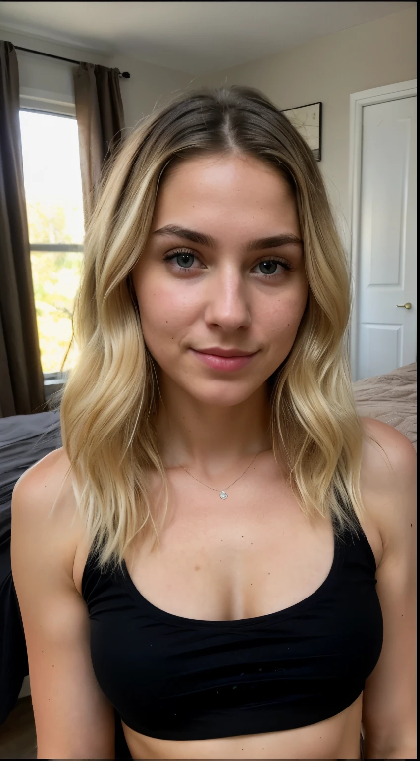 A 23-year-old blonde woman, ((pechos grandes)), ((hiperrealismo)) ,. blonde hair with light brown roots. cabello rubio, Hair with brown roots, cabello extra largo, cabello muy largo, really long hair, Beautiful, Front view, selfie, photo taken with iPhone, elegant black shirt with escote, escotada, selfie in the dorm, high quality, selfie iPhone, cleavage