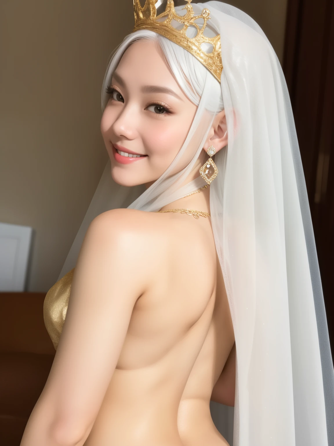 A Goddes sexy pose, diamond crown, white hair, realistic face, angelic body, gold veils, happy eyes, smiling, high density, 10 sharpen, back view, more exposed body, wearing nothing
Location: luxury heaven land