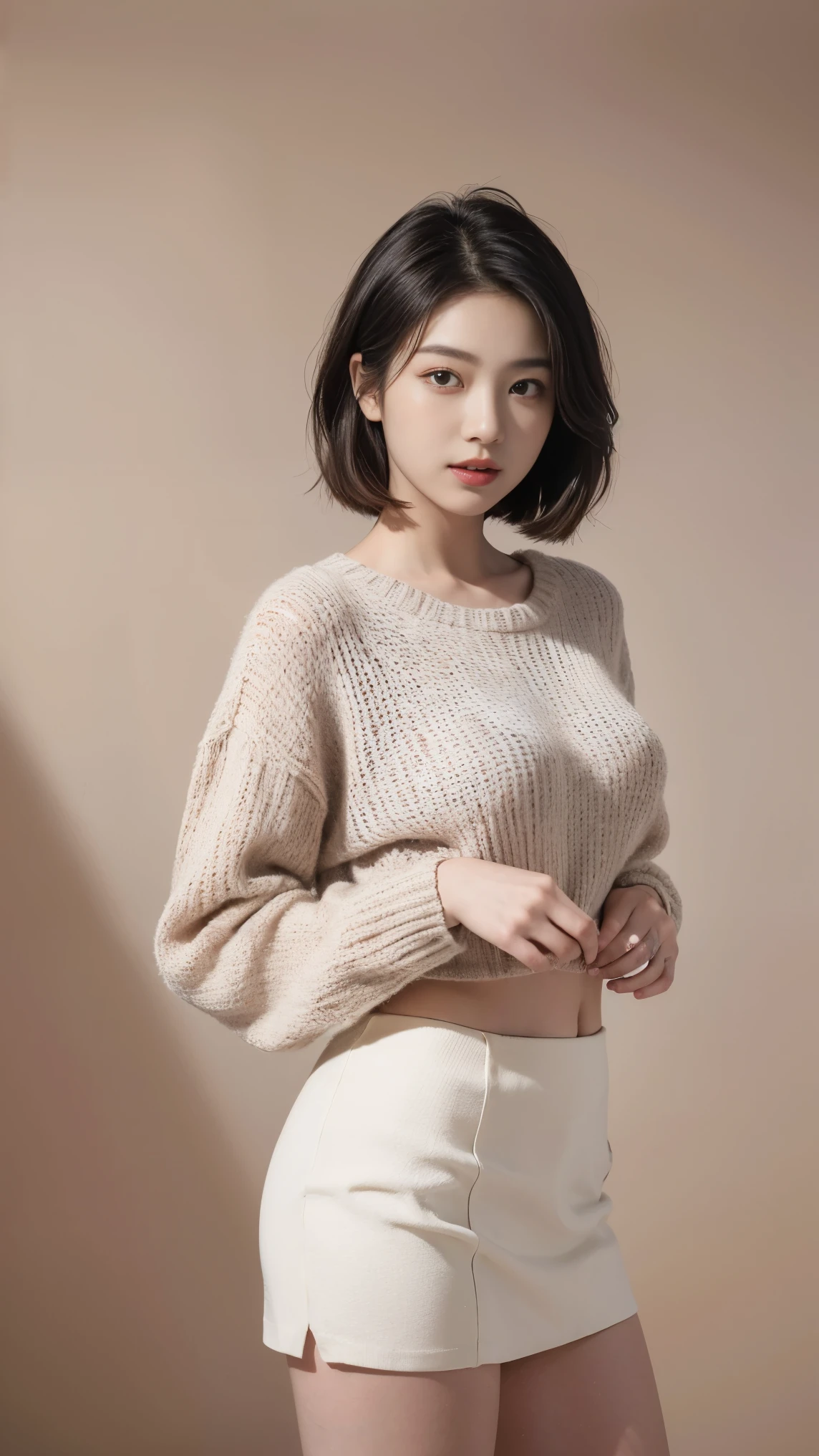 ((Best quality, 8k, Masterpiece, ultra detailed, ultra high res, photorealistic, raw photo, absurdres, absolutely resolution:1.5)), pretty Japanese gravure model, 1girl, Giddy Smile, bob cut, large breasts, (makeup, lipstick, put brush:1.1), wearing knit sweater & miniskirt, (Flirtingly lifting her skirt to show her panties:1.3), ultra-detailed face, highly detailed lips, detailed eyes, double eyelid