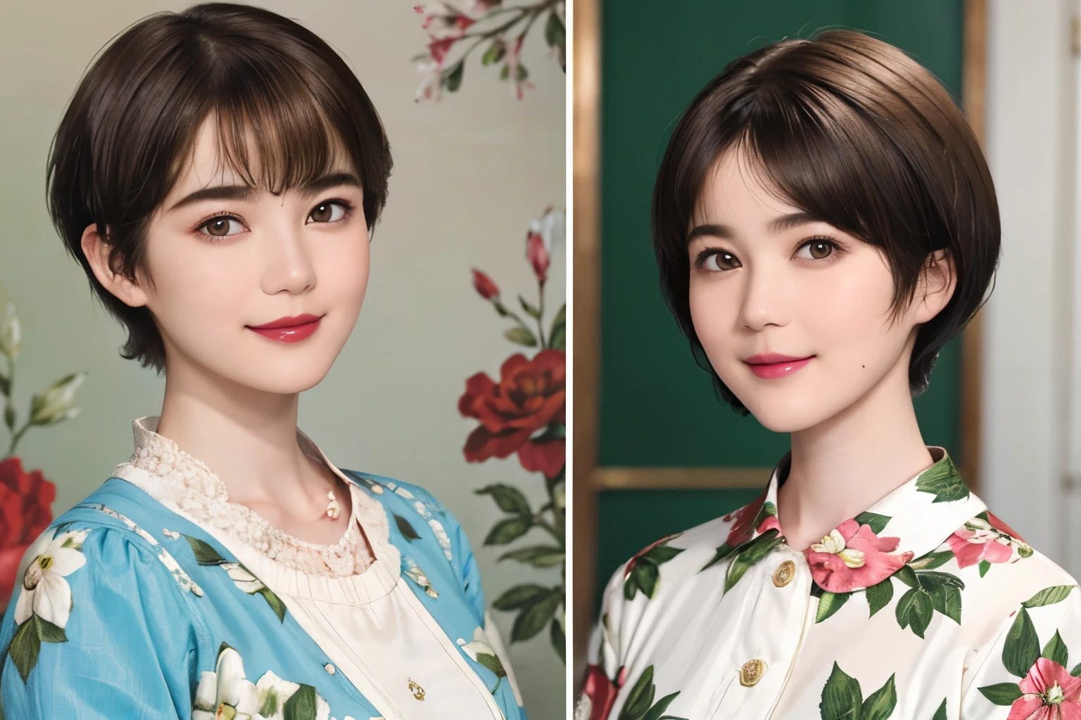 151
(20 year old woman,Floral clothing), (Super realistic), (high resolution), ((beautiful hairstyle 46)), ((short hair:1.46)), (gentle smile), (brest:1.1), (lipstick)