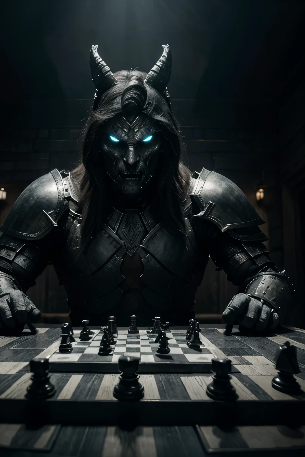 An **epic chess battle scene** with **living pieces** as mythical creatures and warriors, **two formidable netherworld creatures** in combat against an **epic human hero**, their intense stare down illuminating their faces, a **dynamic chessboard** with knights to pawns as armored warriors and mystical creatures like unicorns and griffins, **dramatic, intense lighting** breaking through dark clouds, spotlighting intricate details, a greyish tone for an ethereal atmosphere, a blend of realism and fantasy with visible details of the netherworld creatures and shining warrior armor in a surreal setting, surrounding rocky formations adding mystery, all elements caught in an eternal moment of precarious victory or defeat, a rectangular frame with the chessboard dominating, and shades of grey, black, and white casting an otherworldly glow.