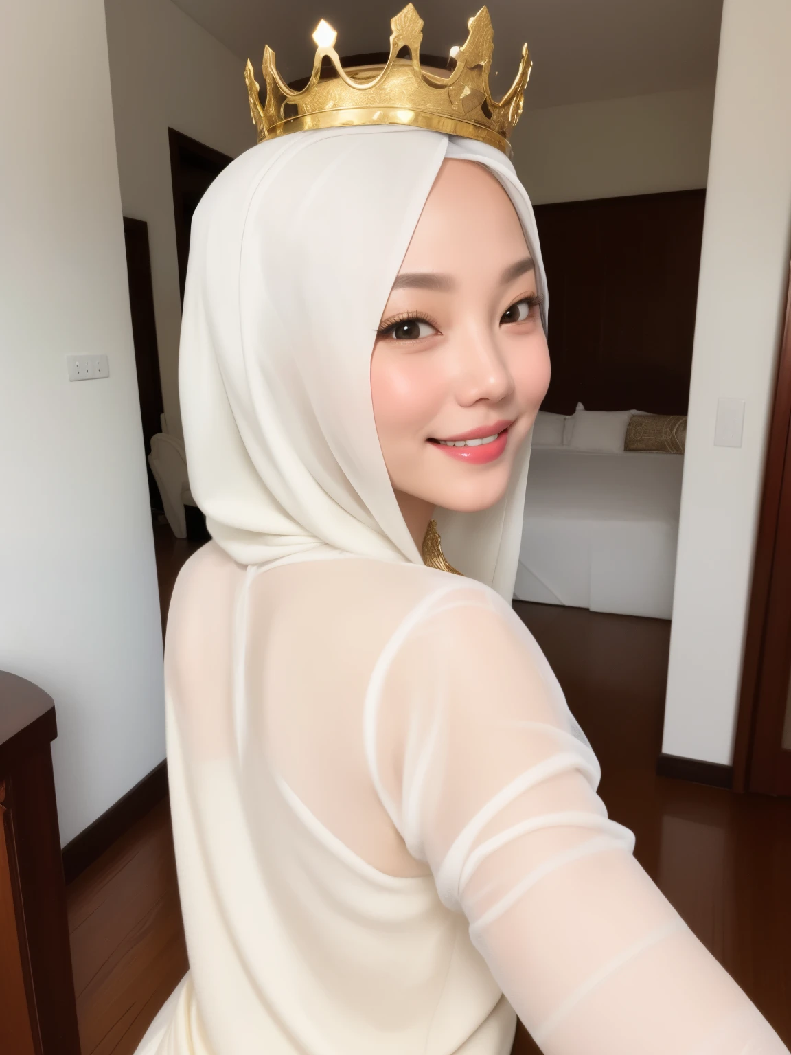 A Goddes sexy pose, diamond crown, white hair, realistic face, angelic body, gold veils, happy eyes, smiling, high density, 10 sharpen, back view, more exposed body, wearing nothing
Location: luxury heaven land