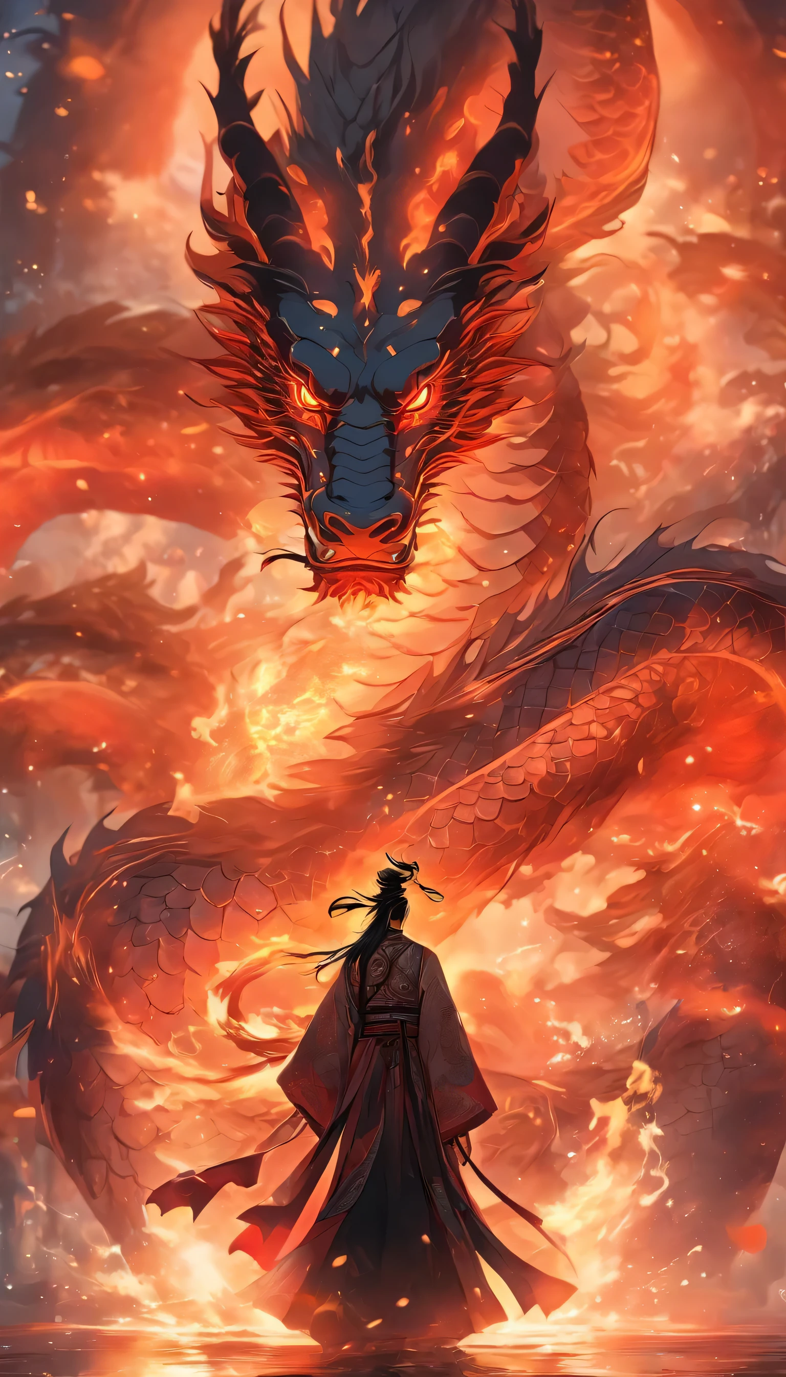 Chinese style,medium shot ,Mechanical Taoist priest stands in front of a transparent dragon,Reach out her hand,Hold the sword in your right hand, he faced the dragon,Red,messy long hair,glow effect,Surrealism,Super real photos,Chinese black and white ink style,pay,discoloration,dirty,Inky,8k,super detailed,high quality,Overclocked renderer