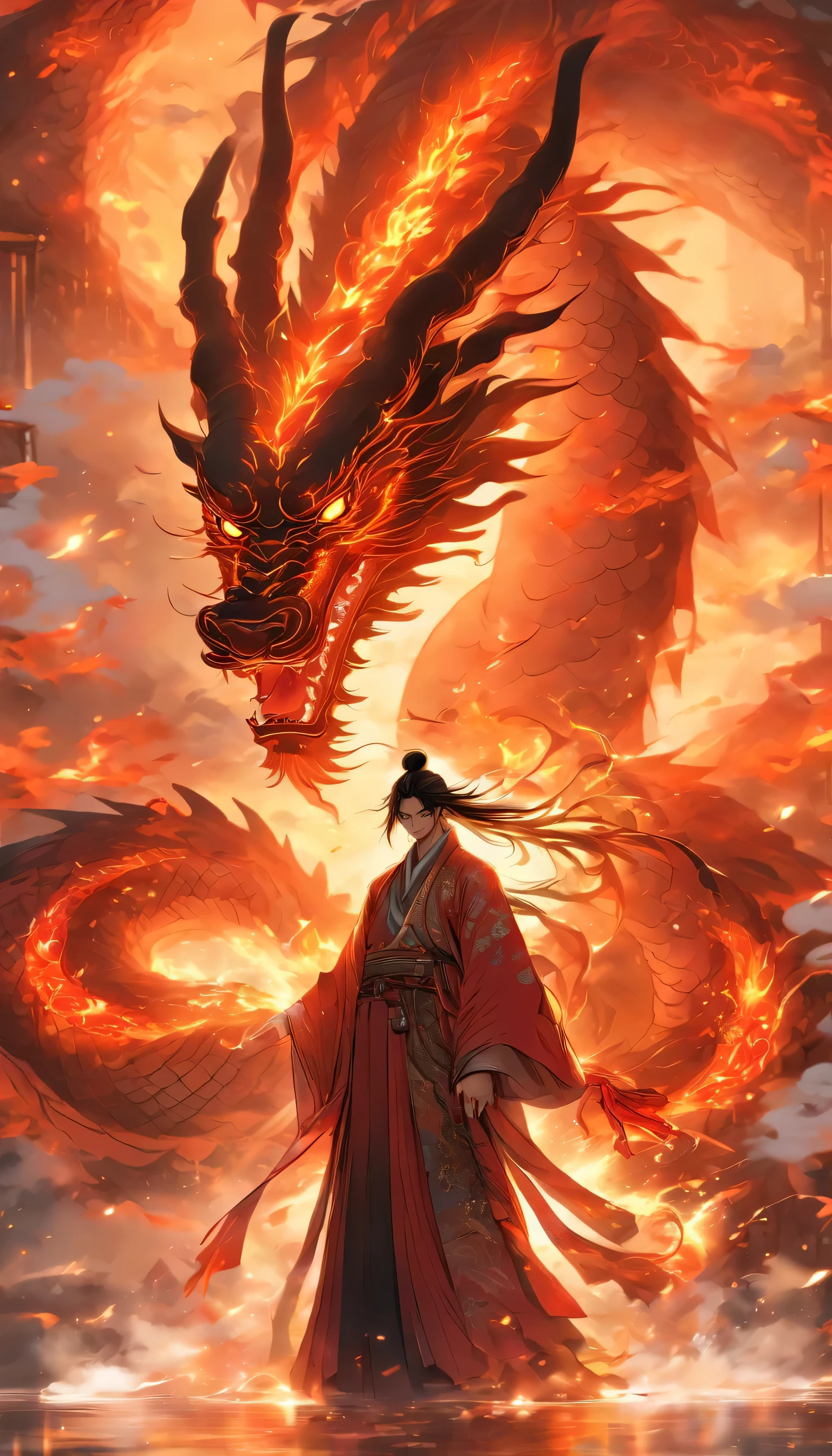 Chinese style，medium shot ，Mechanical Taoist priest stands in front of a transparent dragon，Reach out her hand，Hold the sword in your right hand, he faced the dragon，Red，messy long hair，glow effect，Surrealism，Super real photos，Chinese black and white ink style，pay，discoloration，dirty，Inky，8k，super detailed，high quality，Overclocked renderer