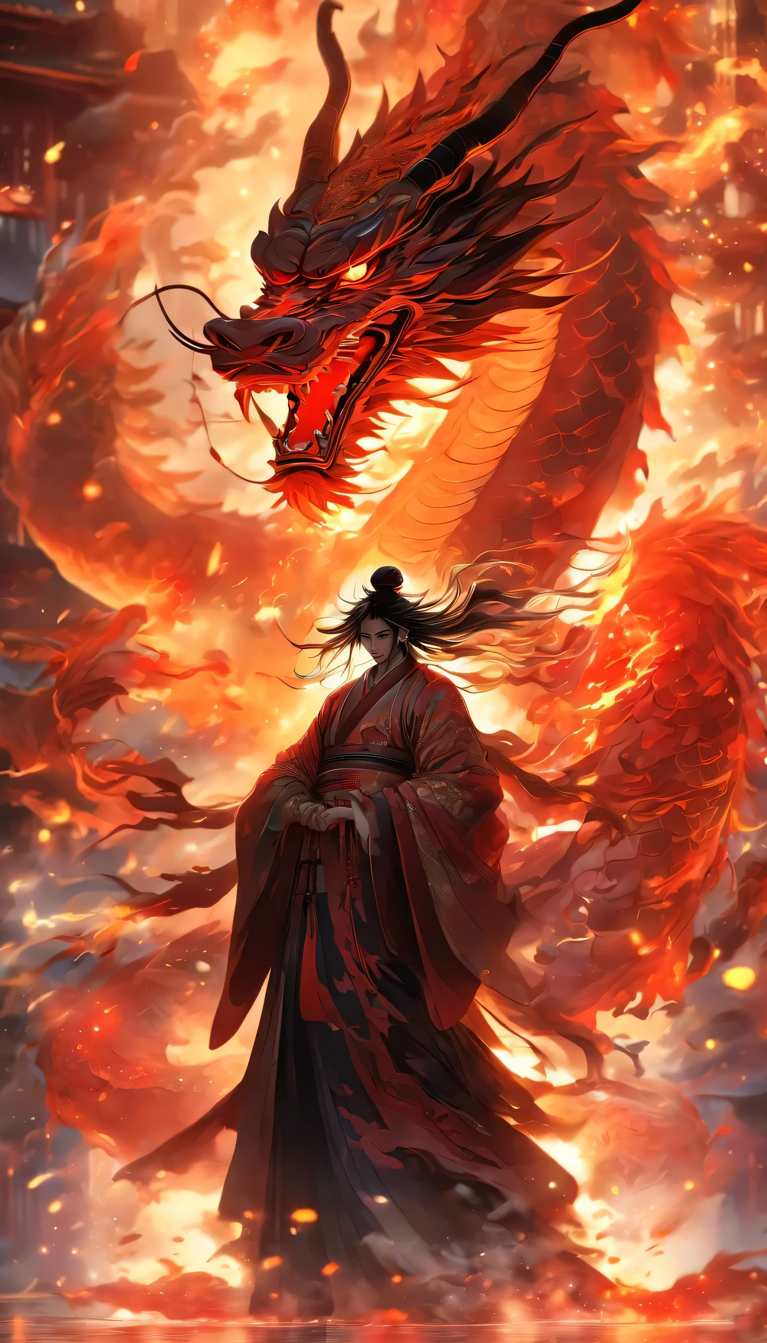 Chinese style，medium shot ，Mechanical Taoist priest stands in front of a transparent dragon，Reach out her hand，Hold the sword in your right hand, he faced the dragon，Red，messy long hair，glow effect，Surrealism，Super real photos，Chinese black and white ink style，pay，discoloration，dirty，Inky，8k，super detailed，high quality，Overclocked renderer