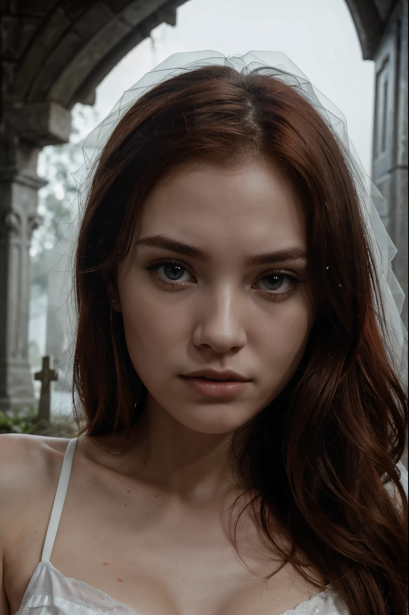Clip from the Mario Bawa horror movie, Full medium close-up, A gorgeous 18-year-old woman like Bella Thorne, Long red hair, Soft pale skin, Cute and youthful face, defined eyebrows, Light blue eyes, Delicate nose, Plump and rounded lips, Walk in a Gothic cemetery in a white wedding dress at night, Fog and rain conditions, ghostly atmosphere, 1600s, (High skin detail: 1.2), Ultra-detailed, photo-realistic, Depth of field, Cinematic lighting, IMAX cameras, hdr, DTM, Full-HD, 8K