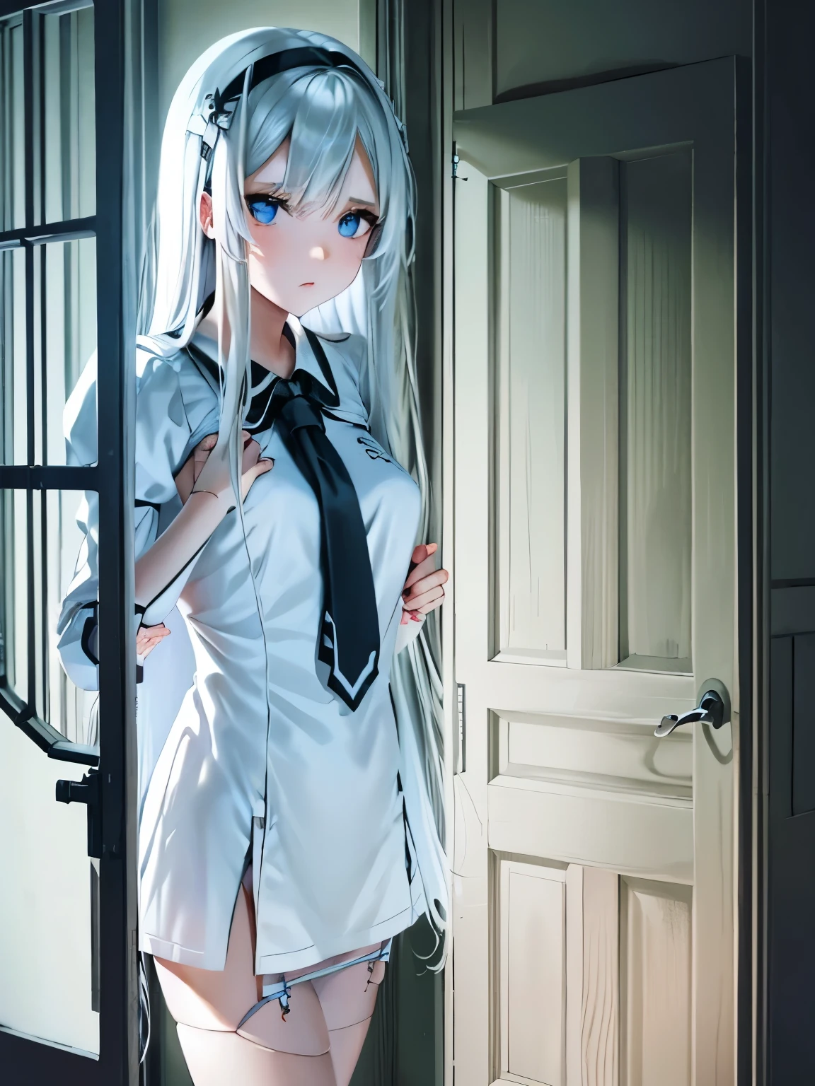 android girl、white tangled hair、have very long bangs hanging between the eyebrows、jade eyes、(Neat white dress)is wearing、She is only wearing cute white panties on her lower body.、One Piece(Skirt((Grab it with both hands))Pull up and show panties)、Standing in front of the closed door of a dark, unlit bedroom at night、upward glance、turn your face and body to the front、POV inside a dark bedroom