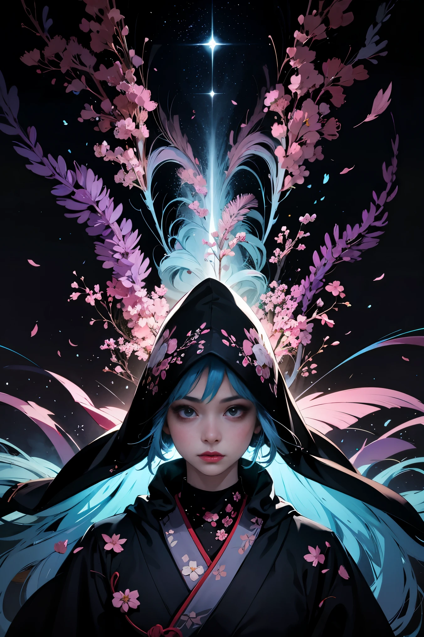 1girl,(blue_hair:1.1),(zentangle, mandala, tangle, entangle:0.6),(fractal art),the most beautiful form of chaos,brutalist designed, the most beautiful and highly detailed Harajuku-inspired hooded kimono, cherry blossoms blowing in the wind, enchanted, aesthetic, psychedelic, atmospheric, cosmic 
