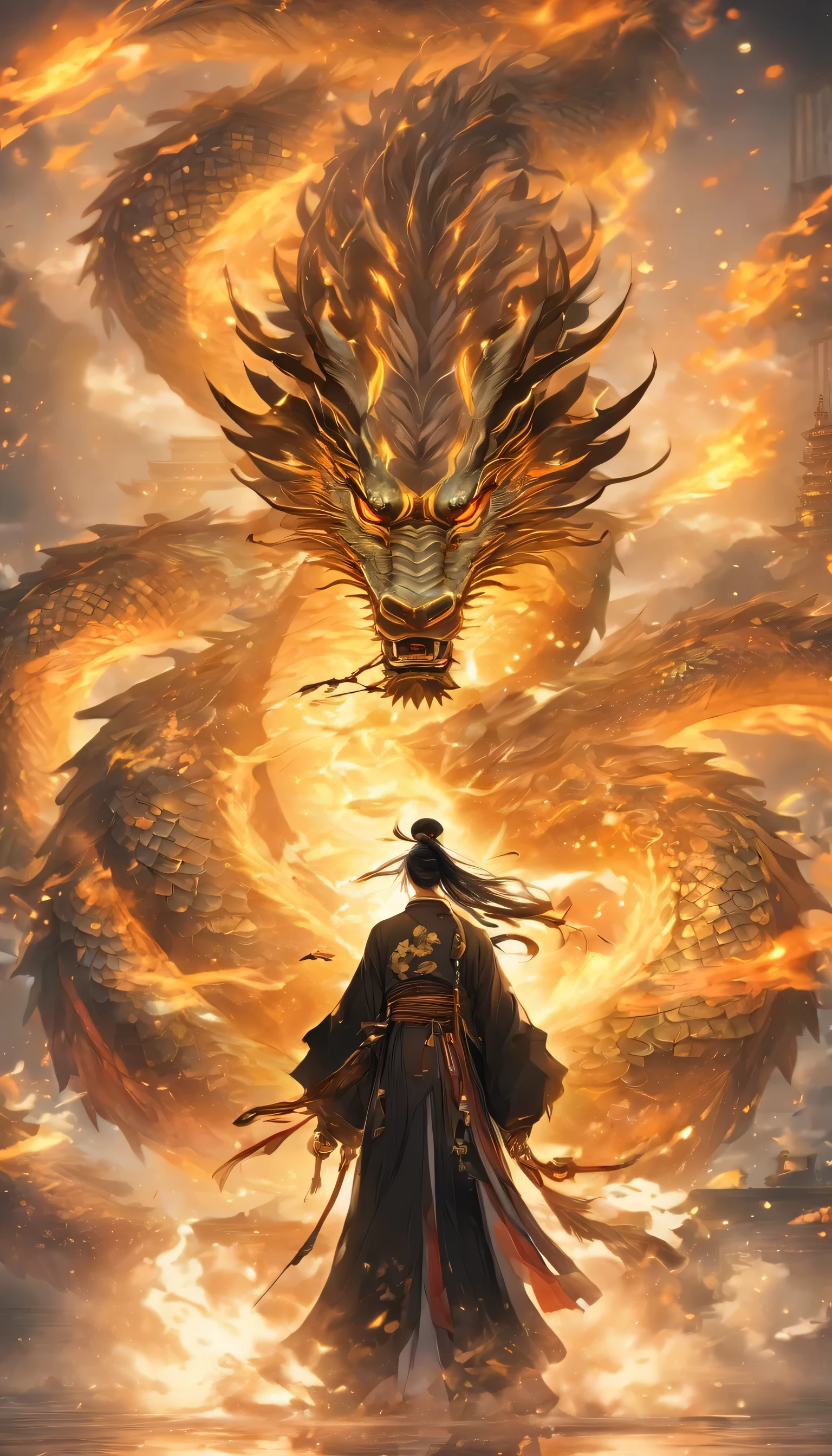 Chinese style，medium shot ，Mechanical Taoist priest stands in front of a transparent dragon，Reach out her hand，Hold the sword in your right hand, he faced the dragon，gold，messy long hair，glow effect，Surrealism，Super real photos，Chinese black and white ink style，pay，discoloration，dirty，Inky，8k，super detailed，high quality，Overclocked renderer