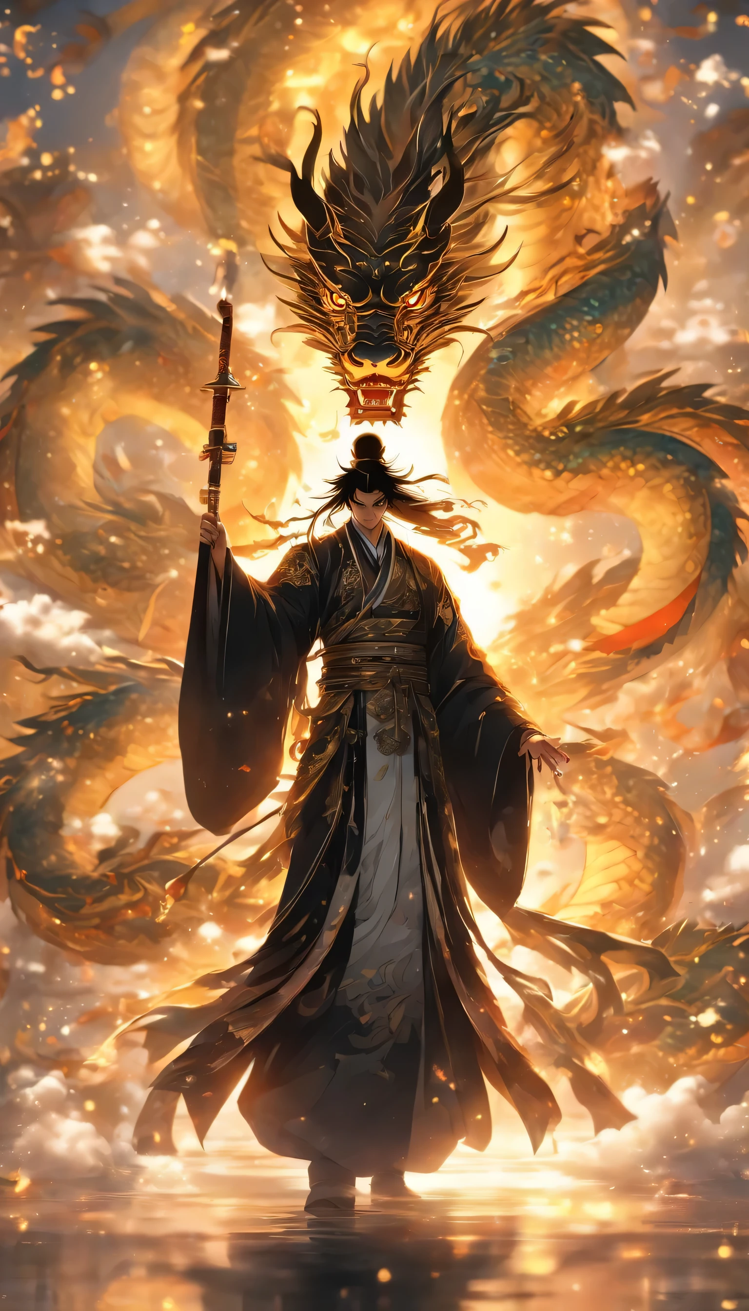photo RAW, best qualityer), (realisticlying, realisticlying: 1.3), NVIDIA RTX ray tracing, octan render, A high resolution, Extremely Delicately Beautiful, Awesome, finely detailed, tmasterpiece, ultra - detailed, highr, (Best Illustration), (Best shade), 复杂, A handsome Chinese man with ancient long hair stands on the top of a mist-shrouded mountain, 20 year old boy, Bonito, without a beard, A delicate facial features, Fairy wind bone road, blue clothes, undying, Beautiful outfit, His left hand was raised above his head, Wielding glowing golden orbs, with his back to the viewer, In front of a giant white Chinese dragon, (drak: 1.4), ​​clouds, firestorm, mont, Sun sunset, foco nítido, Perfect synthesis, absurderes, fanciful, 复杂, ellegance, highly  detailed, volume fog, 8K  UHD, Digital SLR, high high quality, (Film Particle: 1.4), Fujifilm XT3, art  stations, Smooth and sharp focus, A detailed, an award winning photograph, BLN-L24, exposure, hight contrast, cinematic lightning.