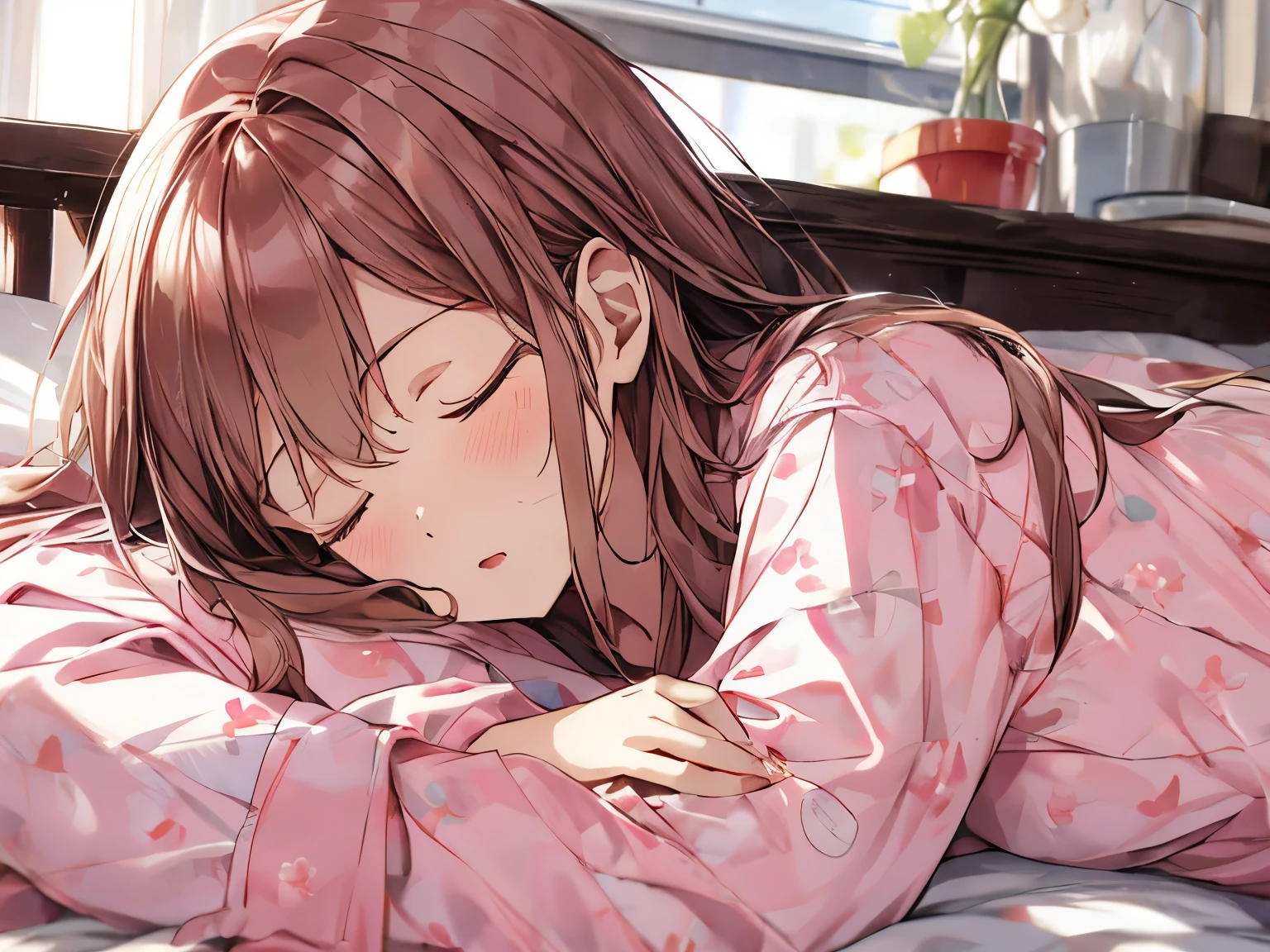 Sleeping girl, 22 years old, realistic, she is wearing pink long pajama, brown hair.