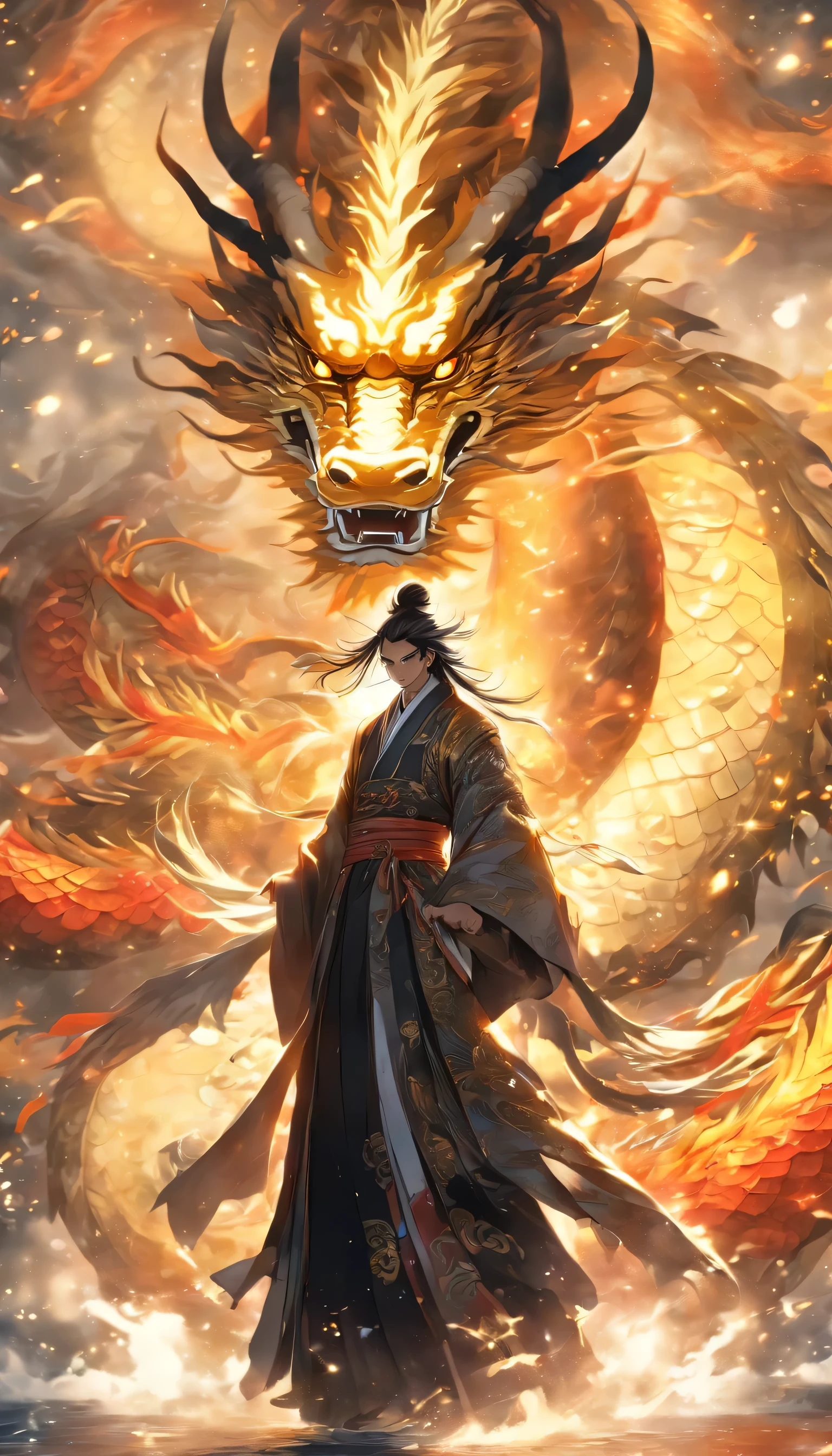 Chinese style，medium shot ，Mechanical Taoist priest stands in front of a transparent dragon，Reach out her hand，Hold the sword in your right hand, he faced the dragon，gold，messy long hair，glow effect，Surrealism，Super real photos，Chinese black and white ink style，pay，discoloration，dirty，Inky，8k，super detailed，high quality，Overclocked renderer