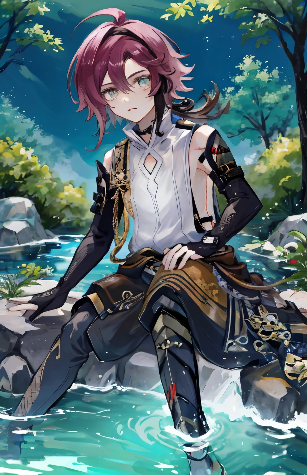 Wallpaper phone,8K quality,a boy,12 year old boy,Soak your whole body in water,red leggings,Bandage gloves,Exquisite facial features,exquisite eyes,Injuried,scared expression,Genshin Impact,The crotch is bigger,Sitting in the hot spring