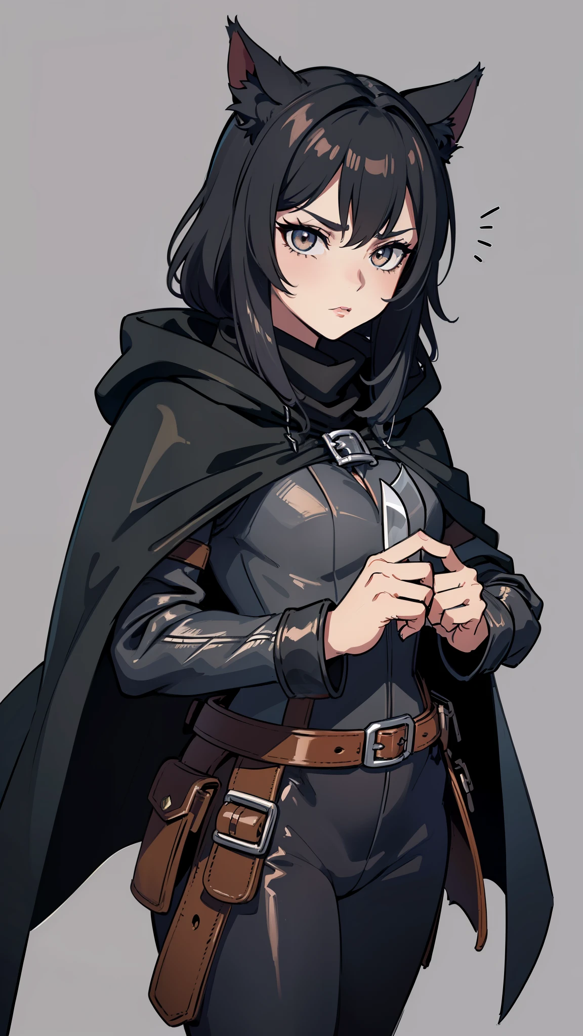 masterpiece, detailed, character, dungeons and dragons character, 1catgirl, catfolfk catgirl girl, catfolfk catgirl rogue, catfolfk catgirl thief, cat ears, cat face, cat whiskers, cute face, detailed face, detailed eyes, brown eyes, athletics strong body, ((holding [knife|digger:0.5] in hands:1.1)), (wearing (medieval thief fantasy cloth apparels, (medieval black leather suit, medieval leather pants, medieval leather jacket, medieval black cloth cape with hood), (medieval rogue fantasy outfit)), ((simple background, grey color background))
