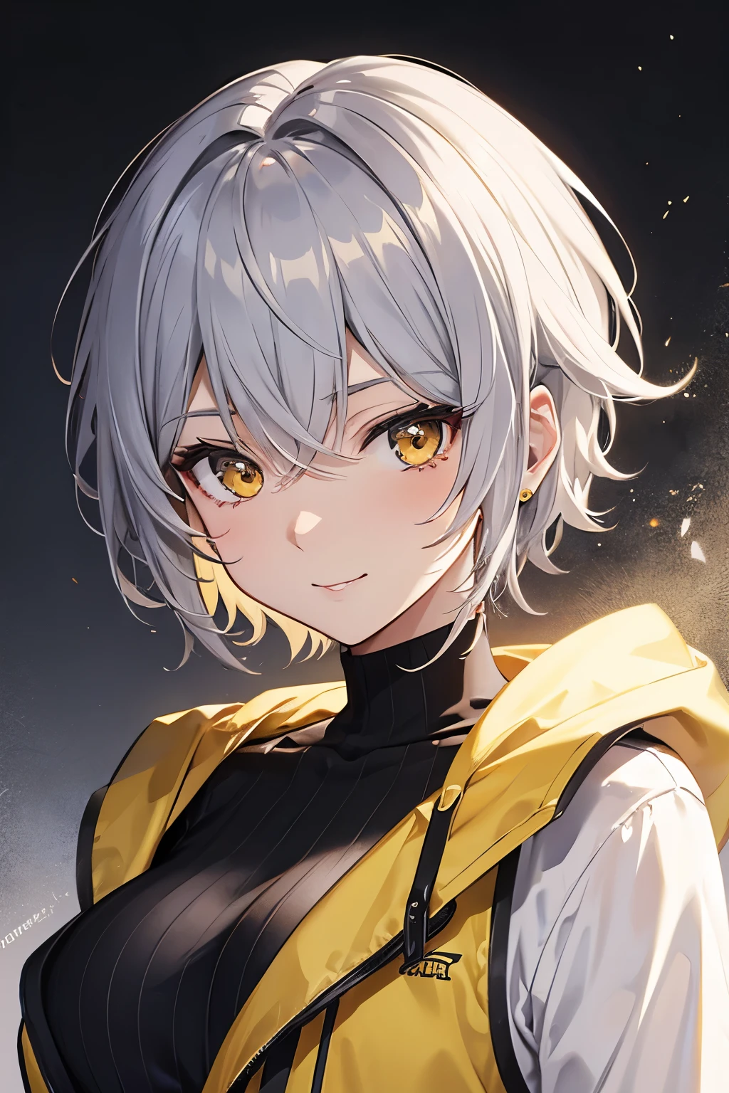 Cover magazine. anime, A woman. Short hair. Gray hair. Tomboy. golden eyes. Yellow eye. Half Body potrait. Upper body. Smile.  Casual clothes. Tomboy woman. Unusual hair style. Sad expression. Hurt expression