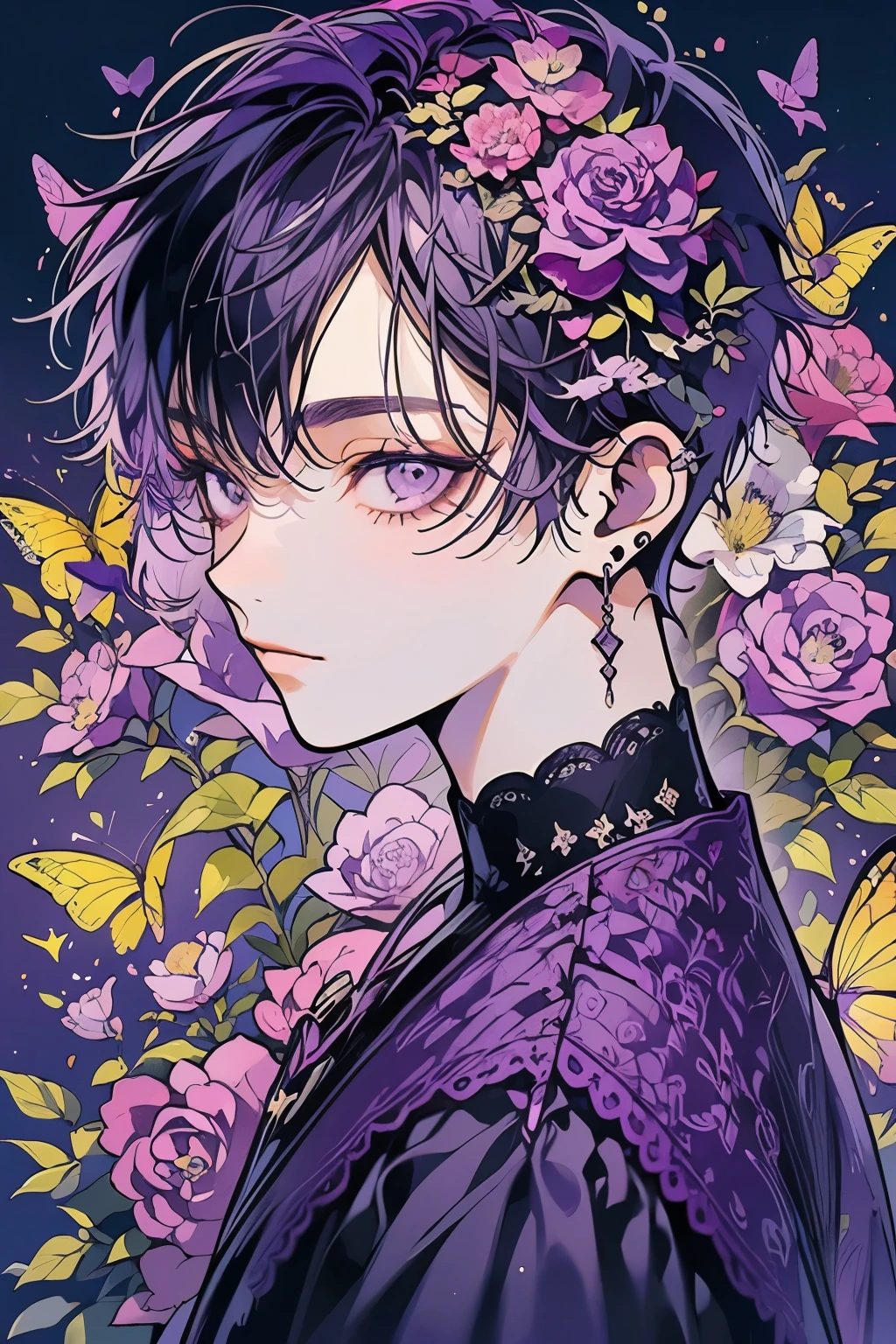 (muste piece), (best quality), very detailed, 1 boy, solo focus，perfect face, beautiful face, very detailed顔，(purple short hair:1.3)，(purple eyes:1.3)，flower，butterfly々，flowerびら，Light，laughter，long eyelashes