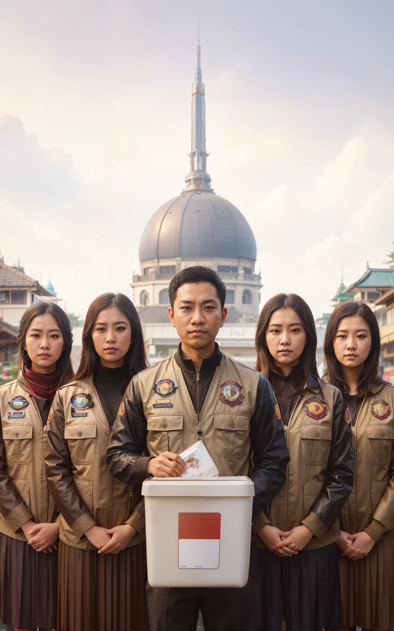 arafed image of a group of people standing in front of a building, artwork in the style of guweiz, inspired by Rudy Siswanto, official fanart, alex gross, fanart, by Rudy Siswanto, inspired by Ismail Acar, wojtek fus, artgerm jsc, official illustration, inspired by Jang Seung-eop, realism art