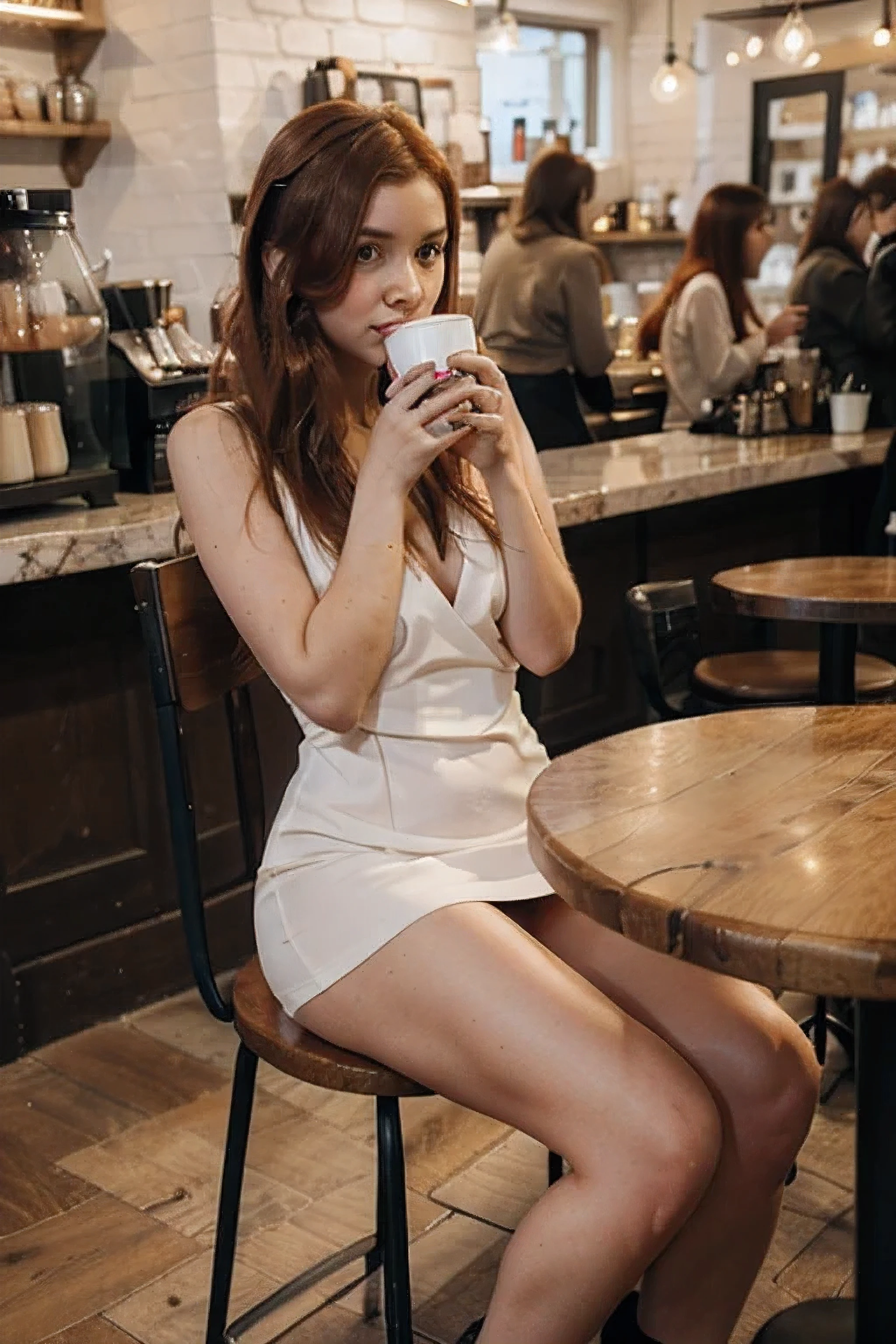 Redhead girl in london wearing sexy dress, sitting in a coffee shop on the streets, drinking coffee