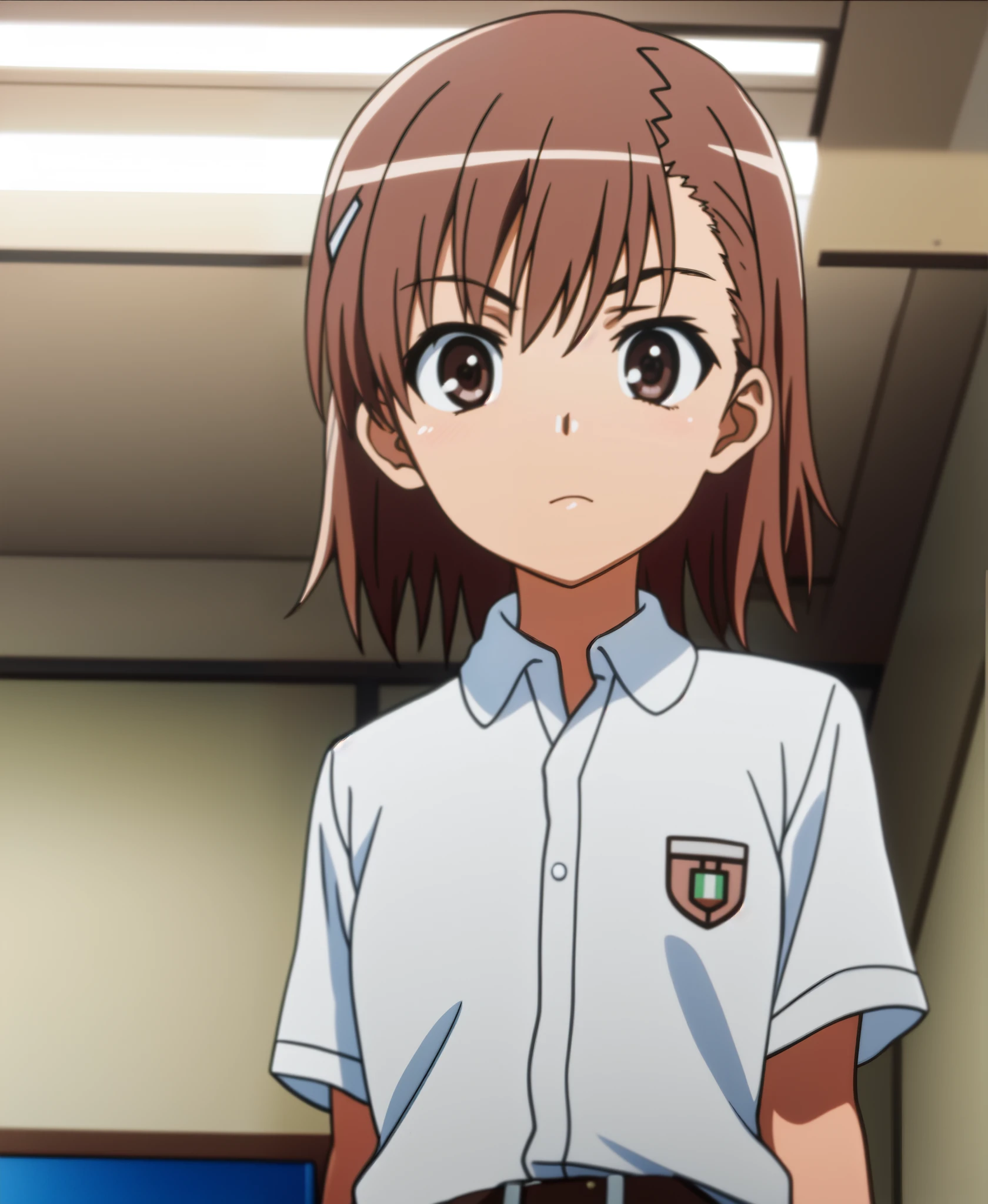 masterpiece, best quality, misaka_mikoto, brown eyes, short_hair, small_breast, looking at viewer, solo, closed_mouth, collared_shirt, school_uniform, shirt, white_shirt, classroom