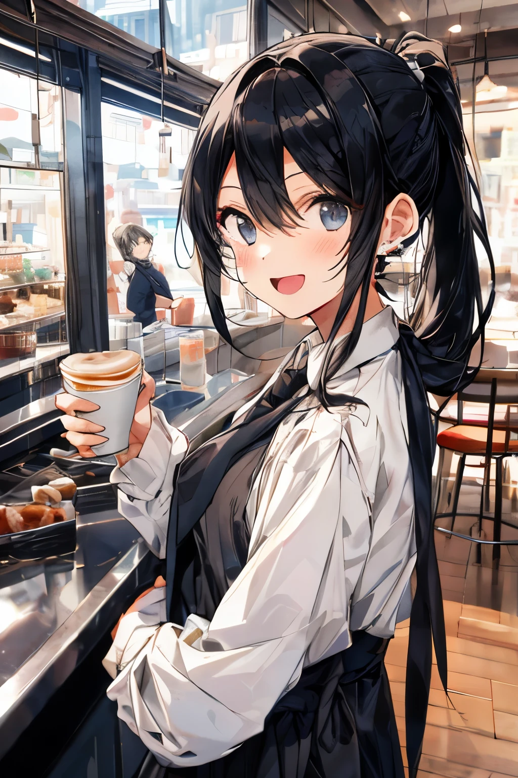 Girl, black hair, older sister, tie her hair in a ponytail and laugh at the speaker, high-quality picture, masterpiece, beautiful girl, cafe,