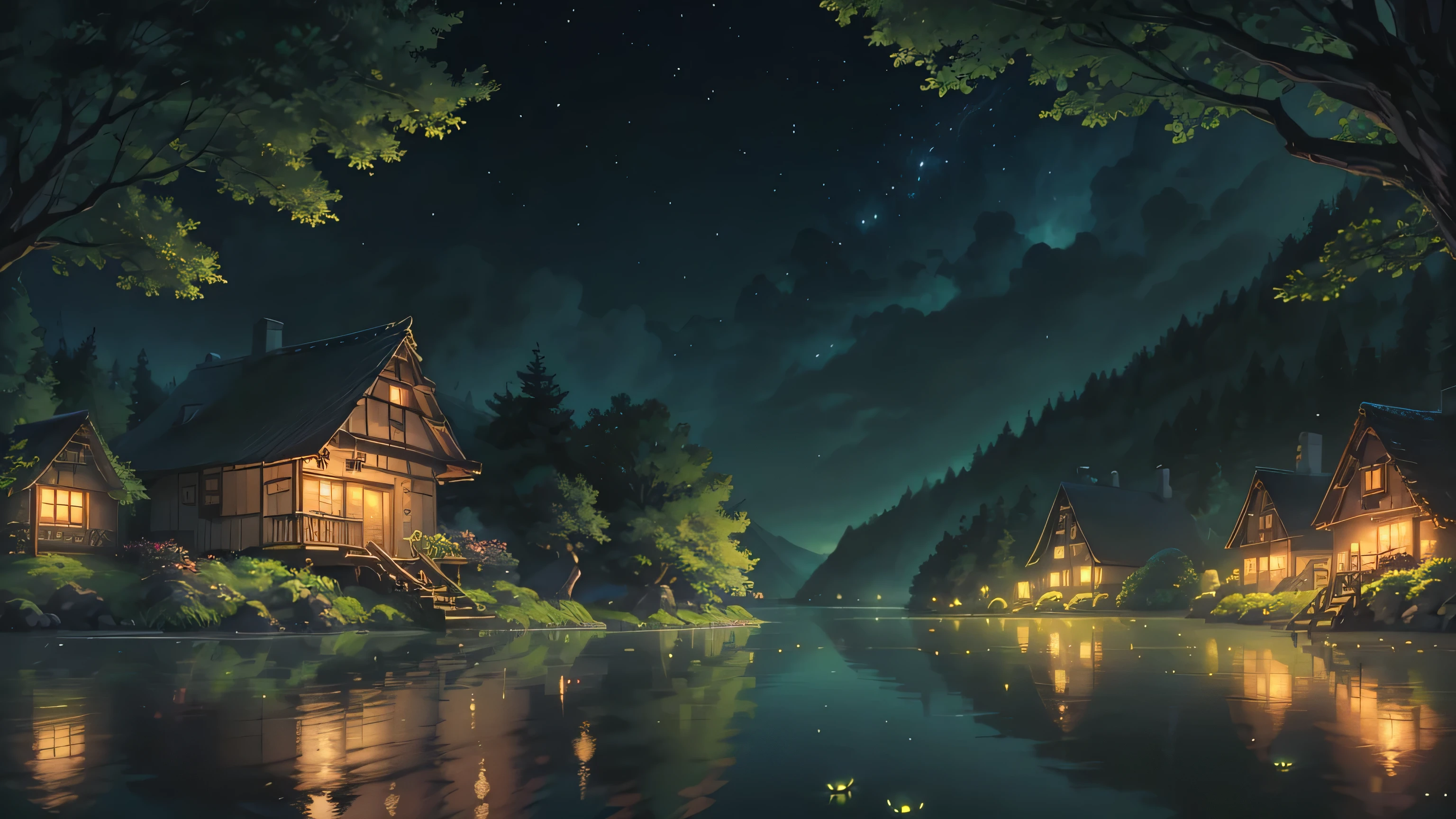 Flock of fireflies、Fantastical、natta、lake、、Ghibli style
