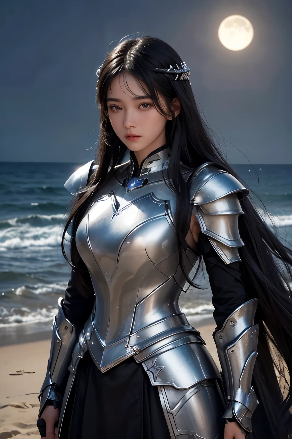 Upper body close-up image. A beautiful woman wearing beautiful silver-white armor stands on the seashore. Twenty years old. Black hair. long hair. He has a serious expression on his face. The time is night. Illuminated by moonlight.