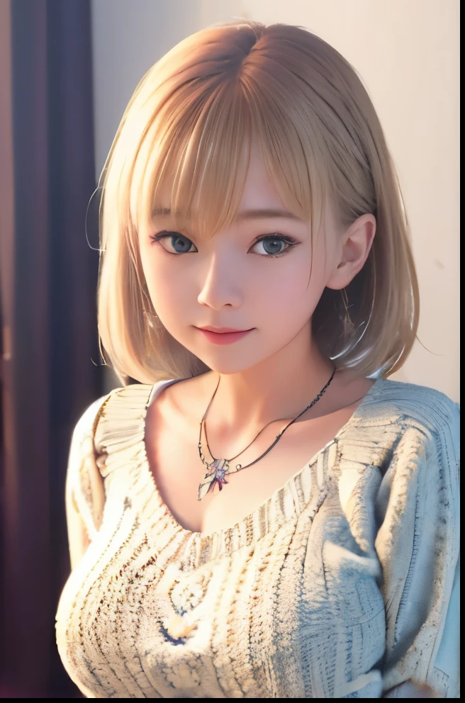 Beautiful girl college student. excellent breasts, masterpiece,surreal,Highly detailed CG Unity 8K wallpaper, highest quality, masterpiece,surreal,Highly detailed CG Unity 8K wallpaper, highest quality,lady ,necklace  , ash blonde hair、Oversized knitted sweater、full body photo、Turn around backwards