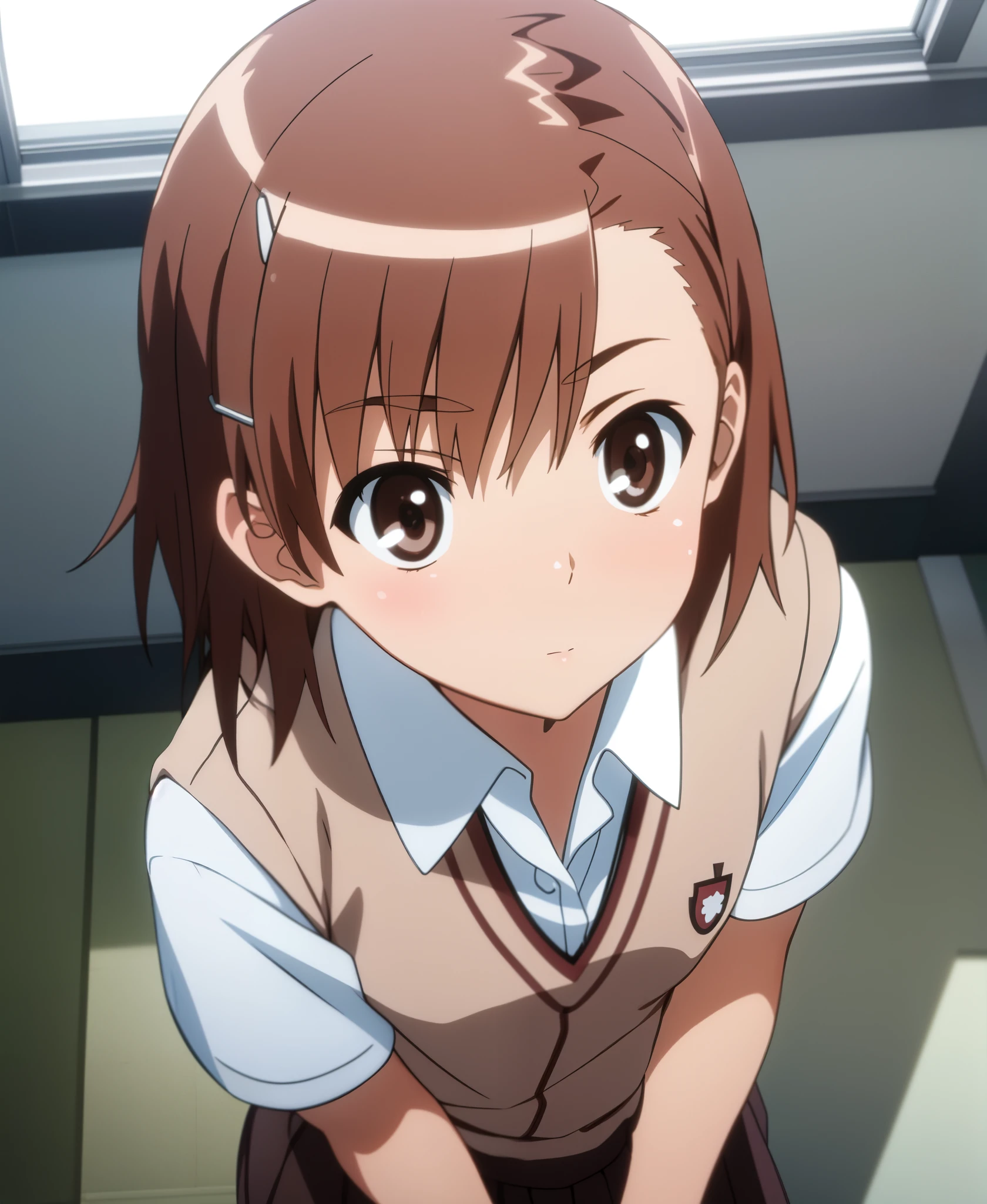 masterpiece, best quality, misaka_mikoto, brown eyes, short_hair, small_breast, looking at viewer, solo, closed_mouth, collared_shirt, school_uniform, shirt, white_shirt, classroom