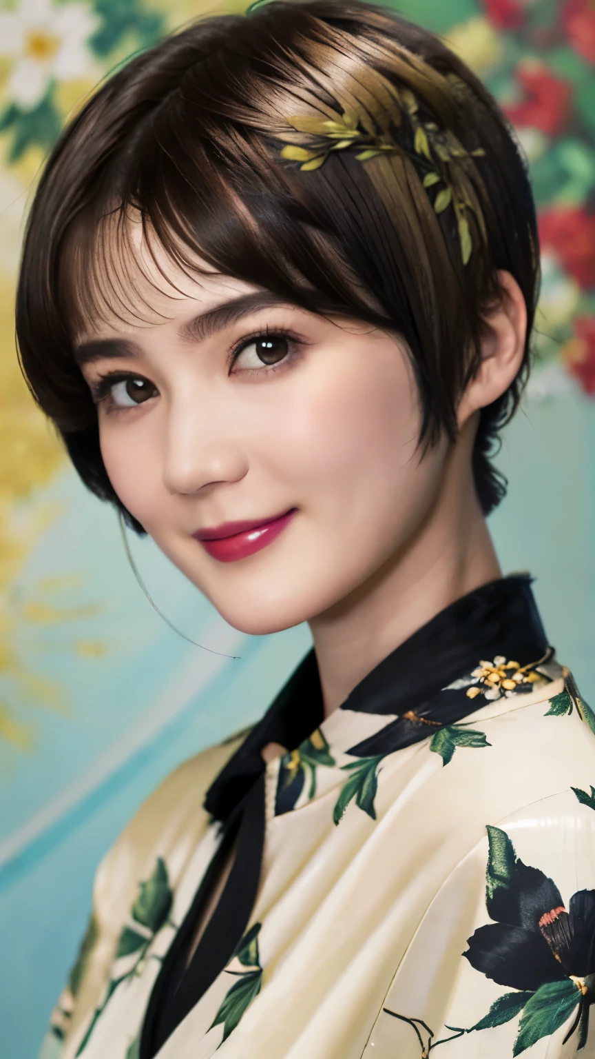 151
(20 year old woman,Floral clothing), (Super realistic), (high resolution), ((beautiful hairstyle 46)), ((short hair:1.46)), (gentle smile), (brest:1.1), (lipstick)