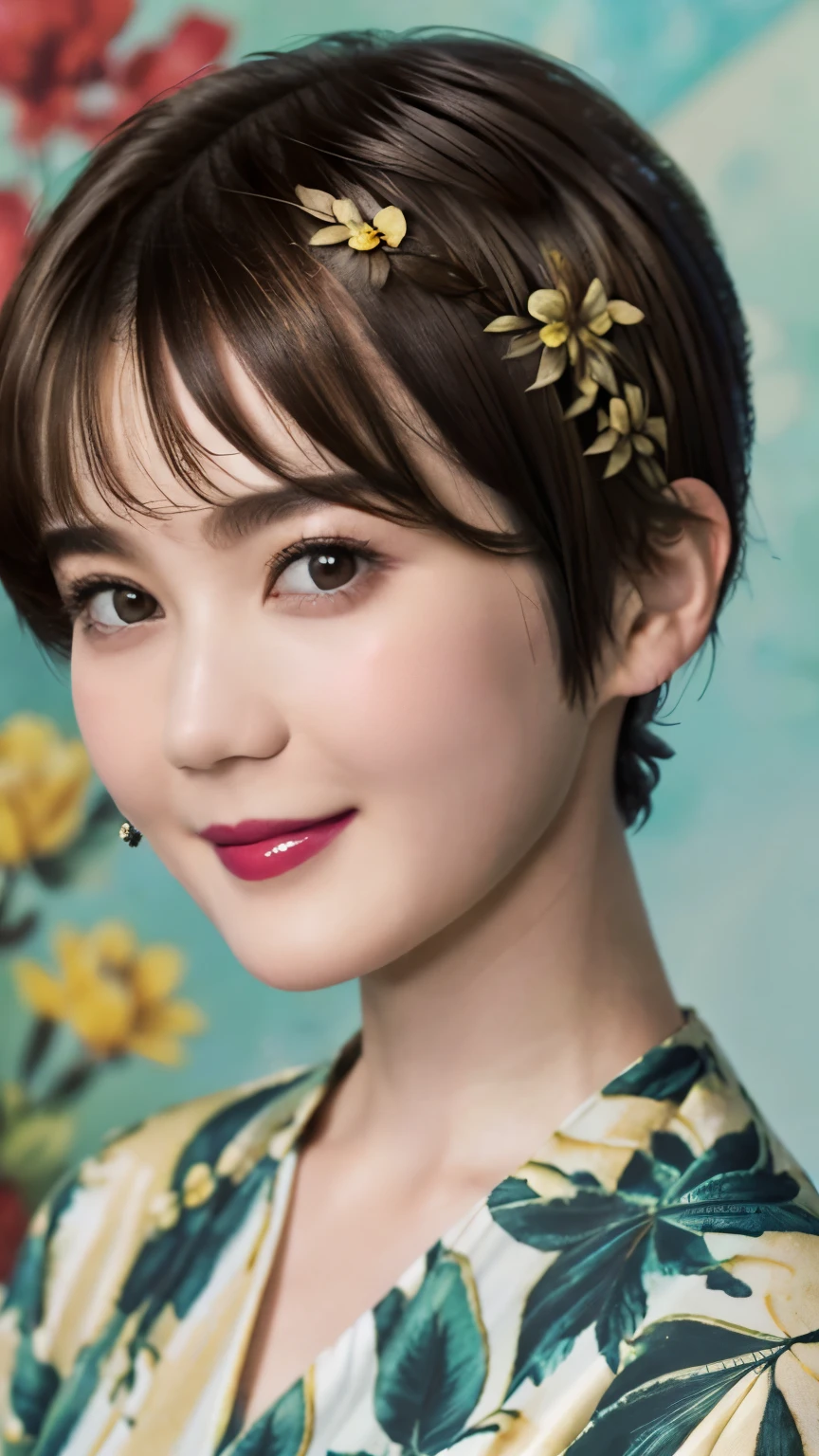 151
(20 year old woman,Floral clothing), (Super realistic), (high resolution), ((beautiful hairstyle 46)), ((short hair:1.46)), (gentle smile), (brest:1.1), (lipstick)