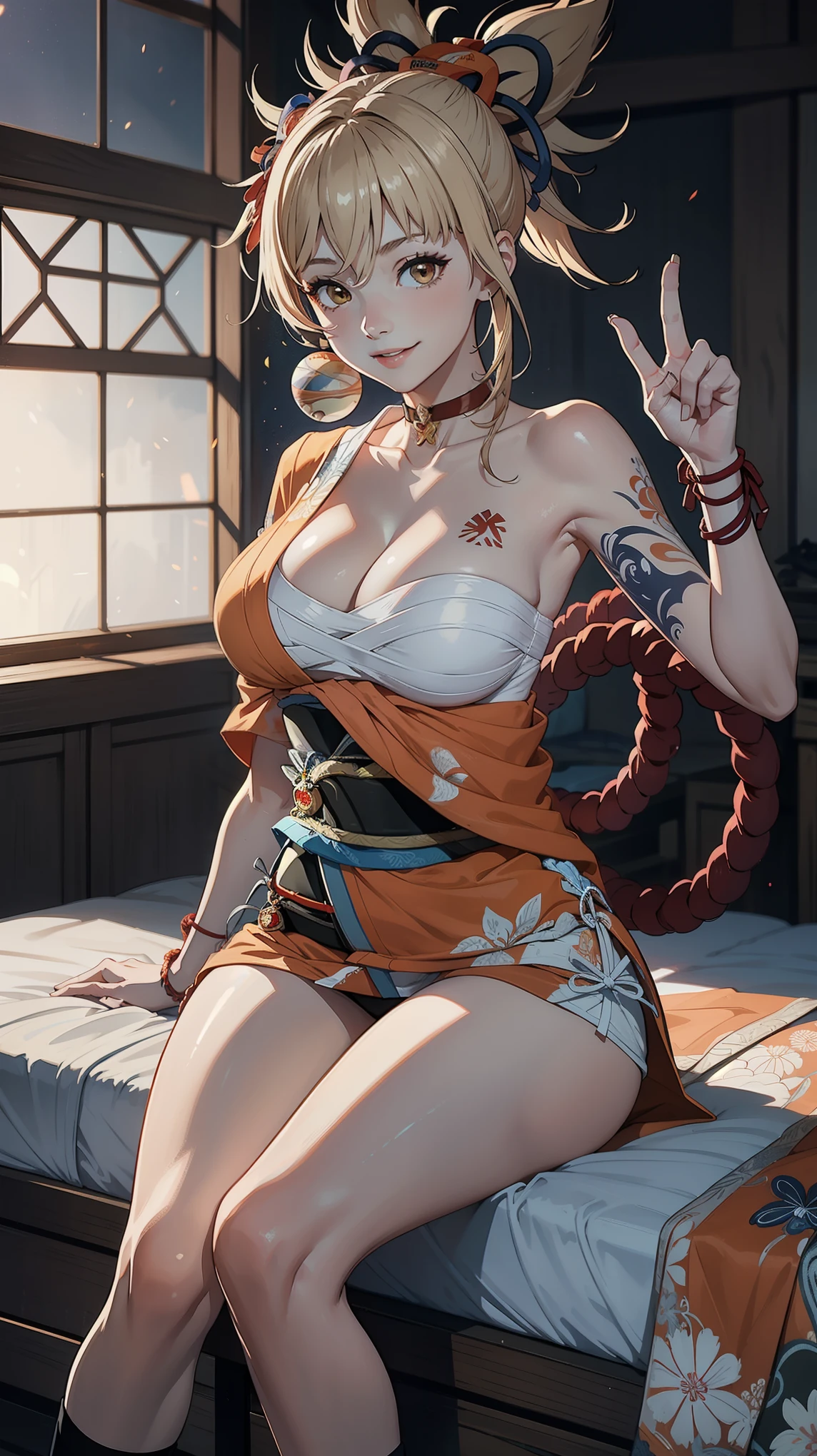 Masterpiece, high quality, 8k, ultra detail, 1 girl, (dynamic poses), ((yoimiyadef)), sitting, bed, huge breast, smile