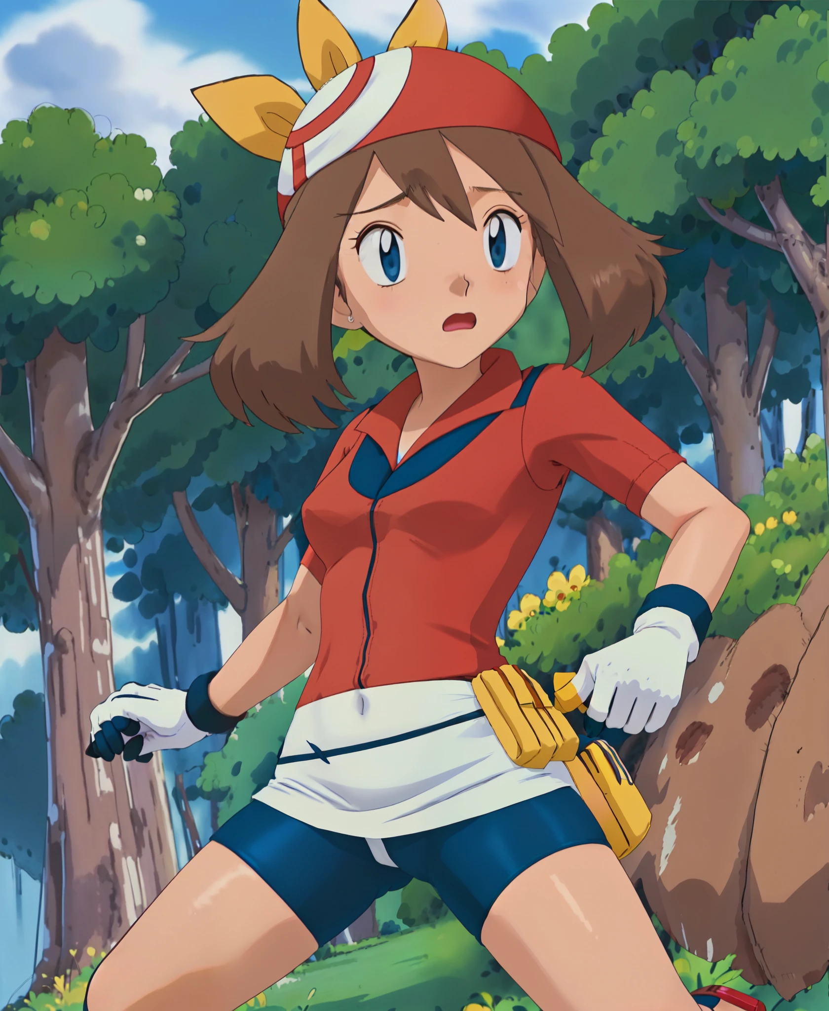 masutepiece, Best Quality, hight resolution, Outdoors, 1girl in, Solo, May (A pokémon), (((Brown hair))), bandana, (((Red shirt with sleeves))), (forrest:1.1), (((Navy Blue Shorts Spatz))), (((White mini skirt))), (((Yellow Waist Pouch))), (((White and dark blue gloves))), (((itting open legs))), (((Surprised expression))), 