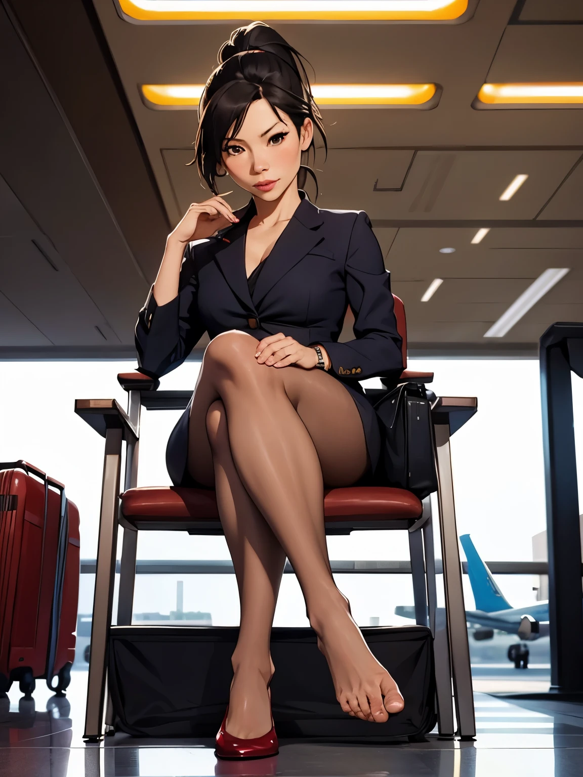 Lucy Liu, short cocktail dress, pantyhose, no shoes, ponytail, sitting in a chair, airport terminal